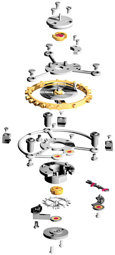 Exploded view of the Tourbillon's rotating carriage