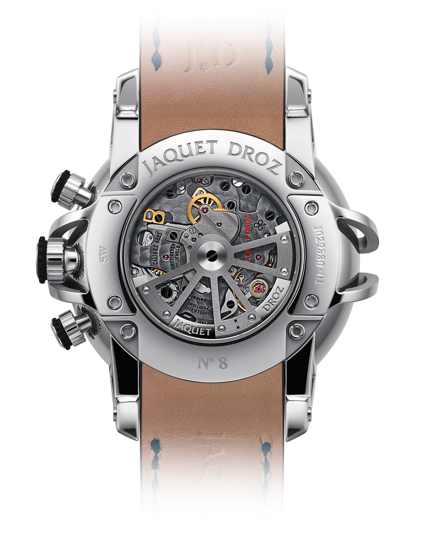 Calibre 6885-S has a column-wheel chronograph and a skeletonized, white-gold rotor