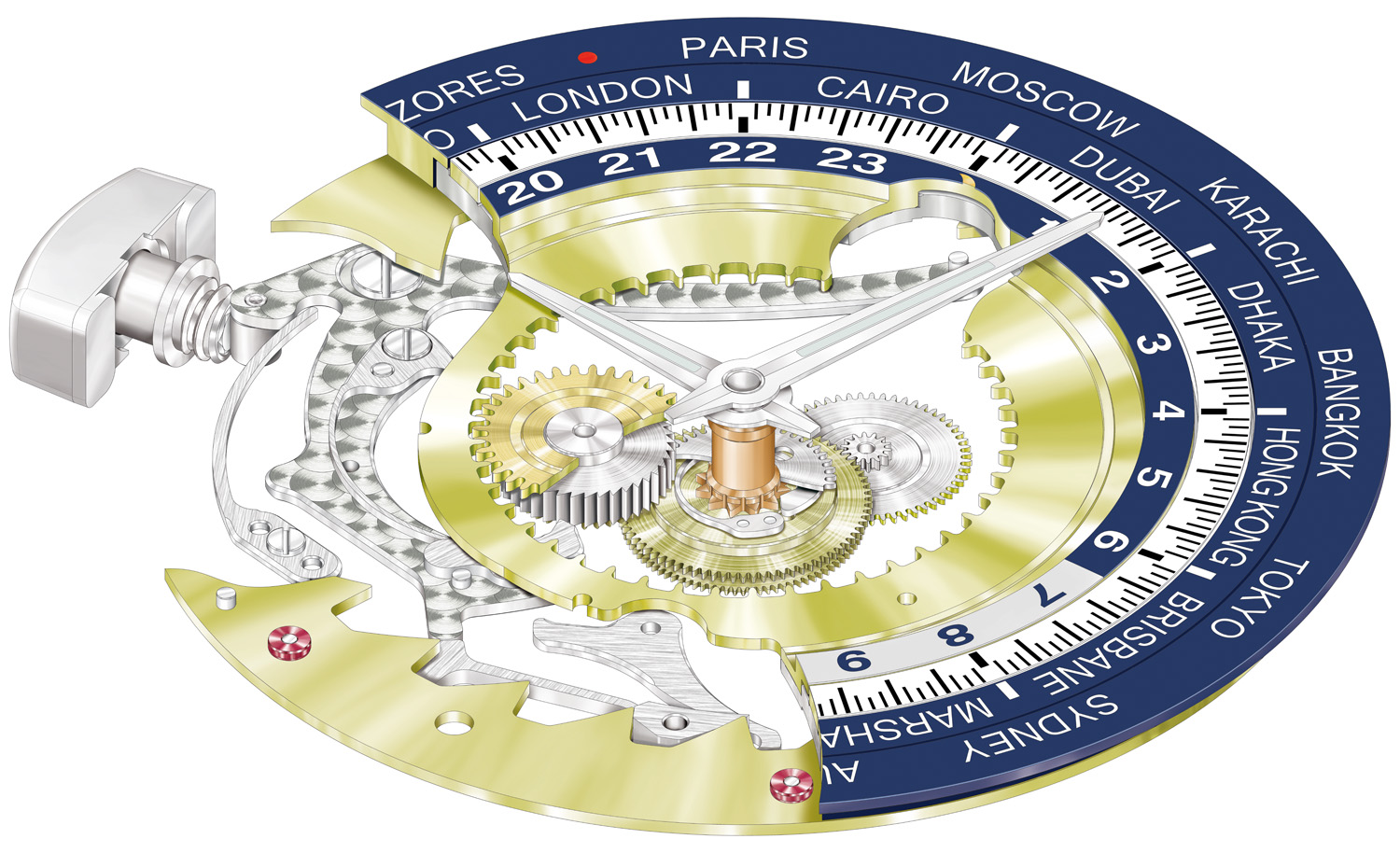 World-time mecha- nism: The disks and the hour hand are disengaged for setting the watch