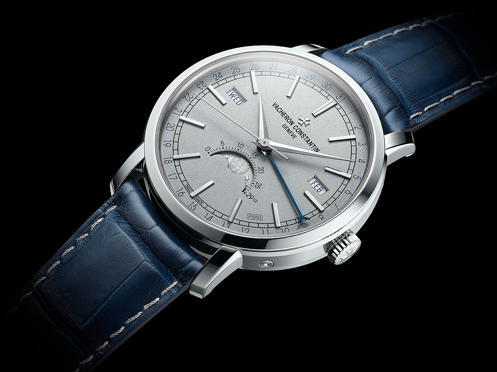 The Vacheron Constantin Traditionnelle Complete Calendar features a case, dial, and buckle made of platinum.