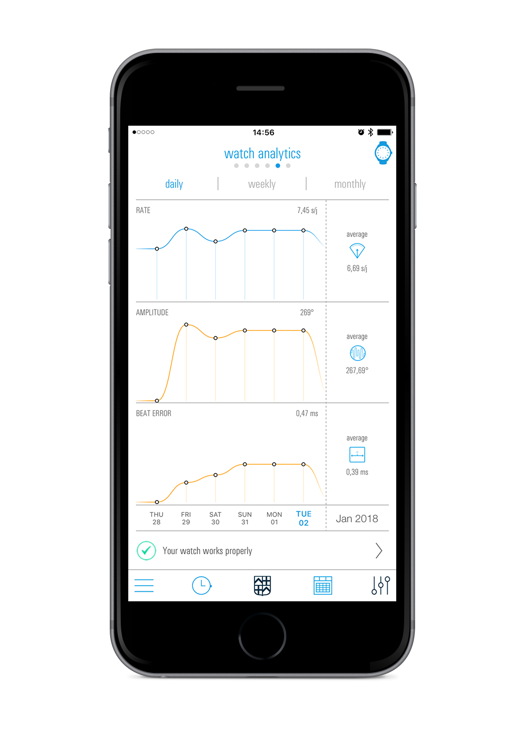 The new Caliber Analytics function displays the state of the movement’s rate, amplitude, and beat error on your smartphone screen via the Hybrid app