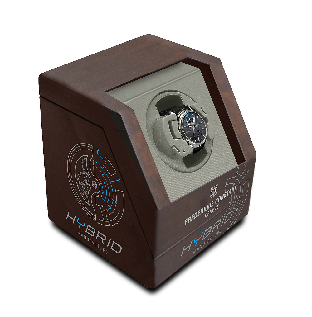 The handsome winder box features a removable charger for the smartwatch functions.