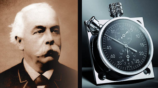 Left, founder Edouard Heuer. Right, the Autavia dashboard stopwatch for race cars.