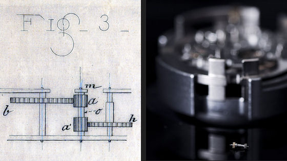 Left, a drawing from the oscillating pinion patent, and an actual pinion pictured in front of a movement in a holder.
