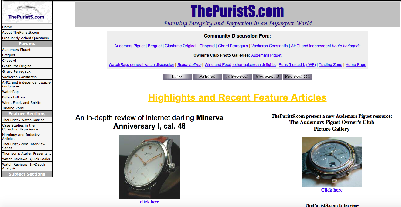 By 2002, ThePurists had become one of the premier horological gathering spots on the internet. Credit: The Wayback Machine