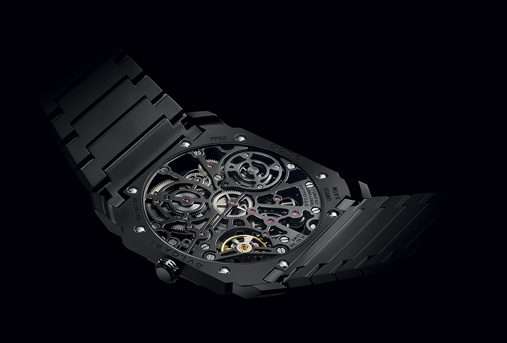 The skeletonized Caliber BVL 128 SK has its mainplate and bridges treated with a black coating.