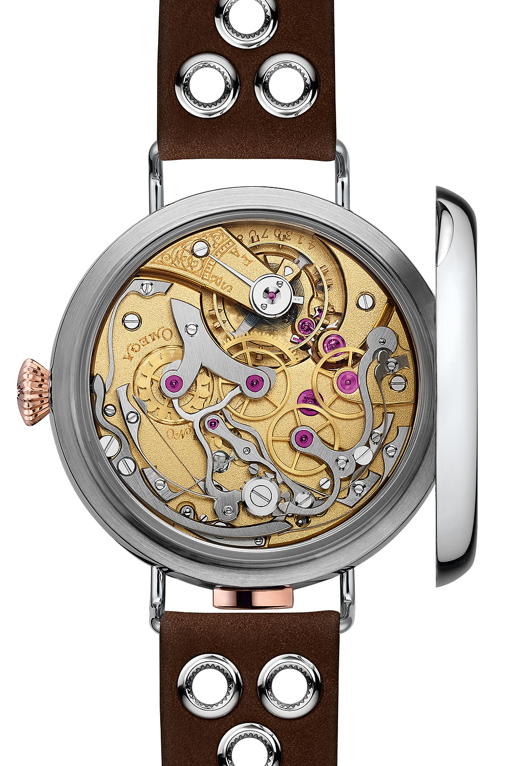 Omega’s historical 18″‘CHRO caliber, completely rebuilt and refinished, is visible through a spphire caseback (above), covered by a hatched caseback engraved with the limited-edition number and a vintage Omega logo (below).