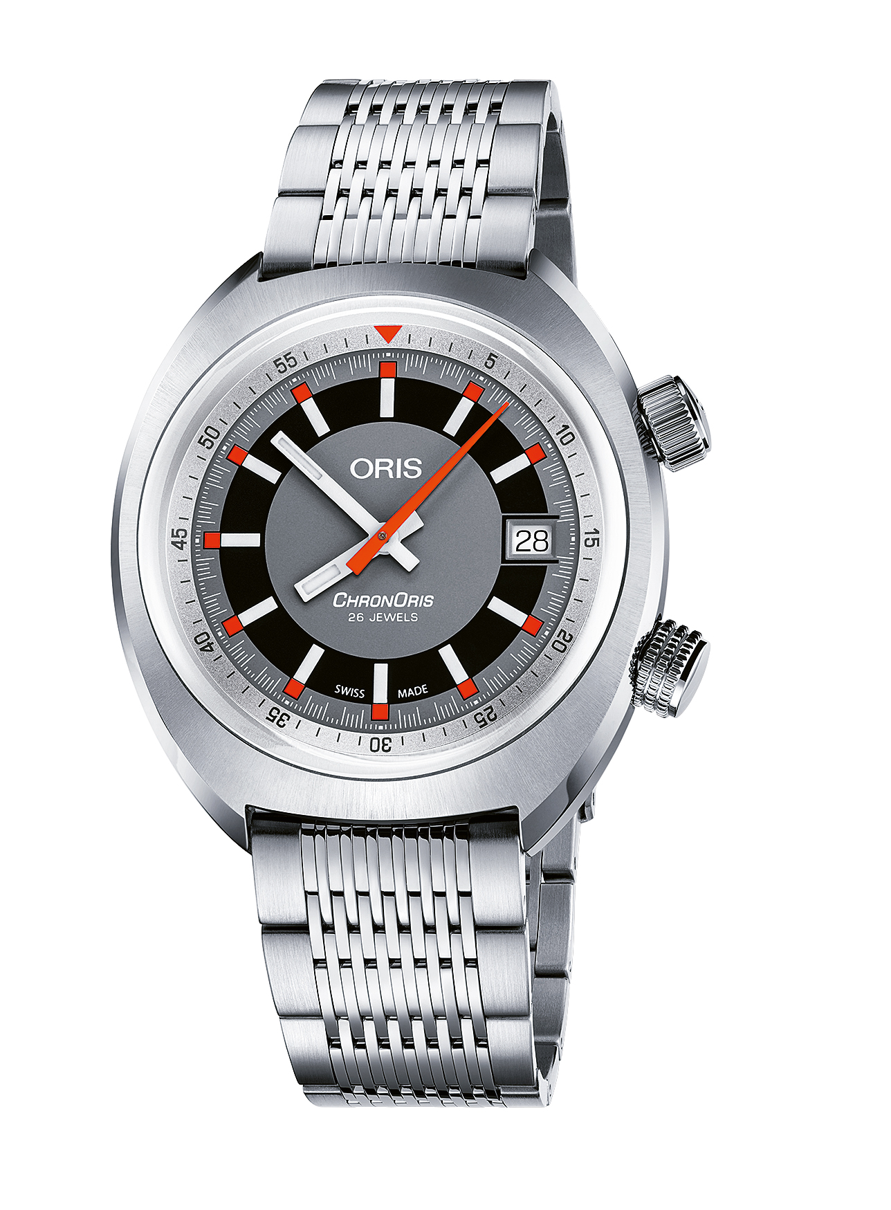 The unique bracelet is attached to the case in a way that suggest a 1970s look.