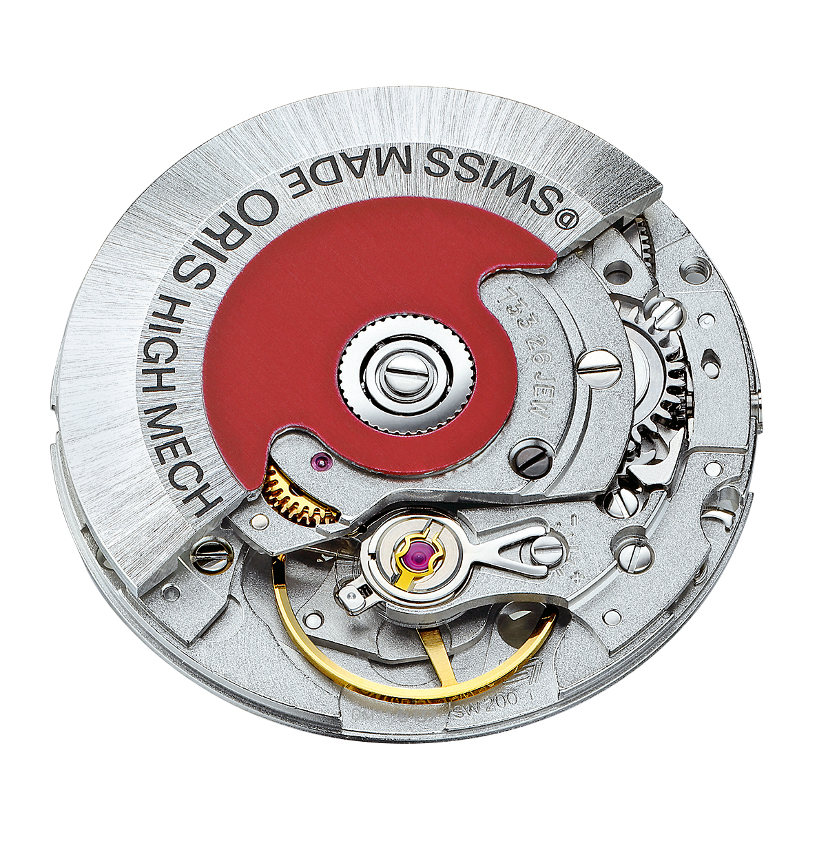 The Sellita Caliber SW200 made for Oris has a rotor with a red center.