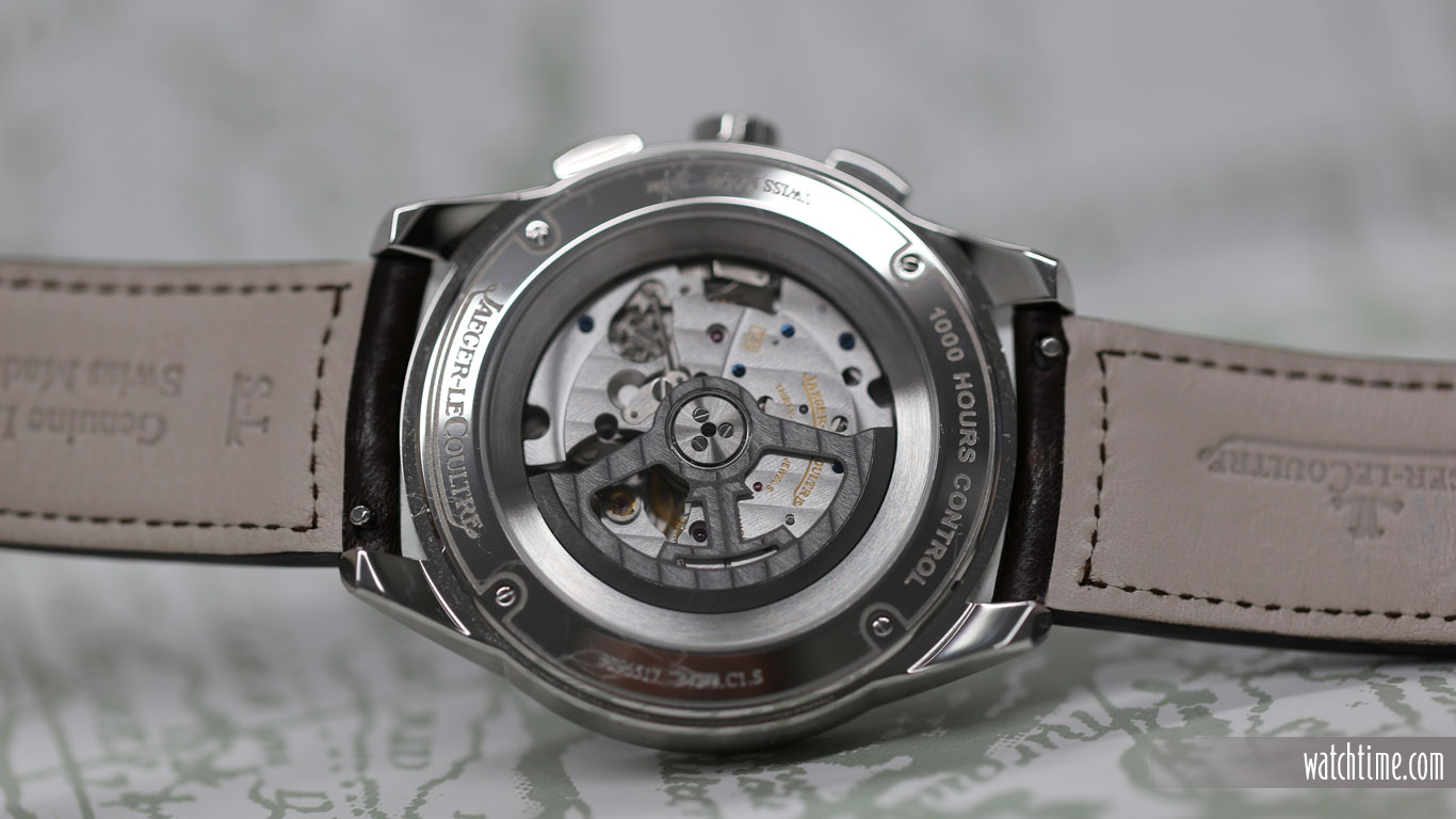 Jaeger-LeCoultre’s manufacture Caliber 751 is visible through the caseback.