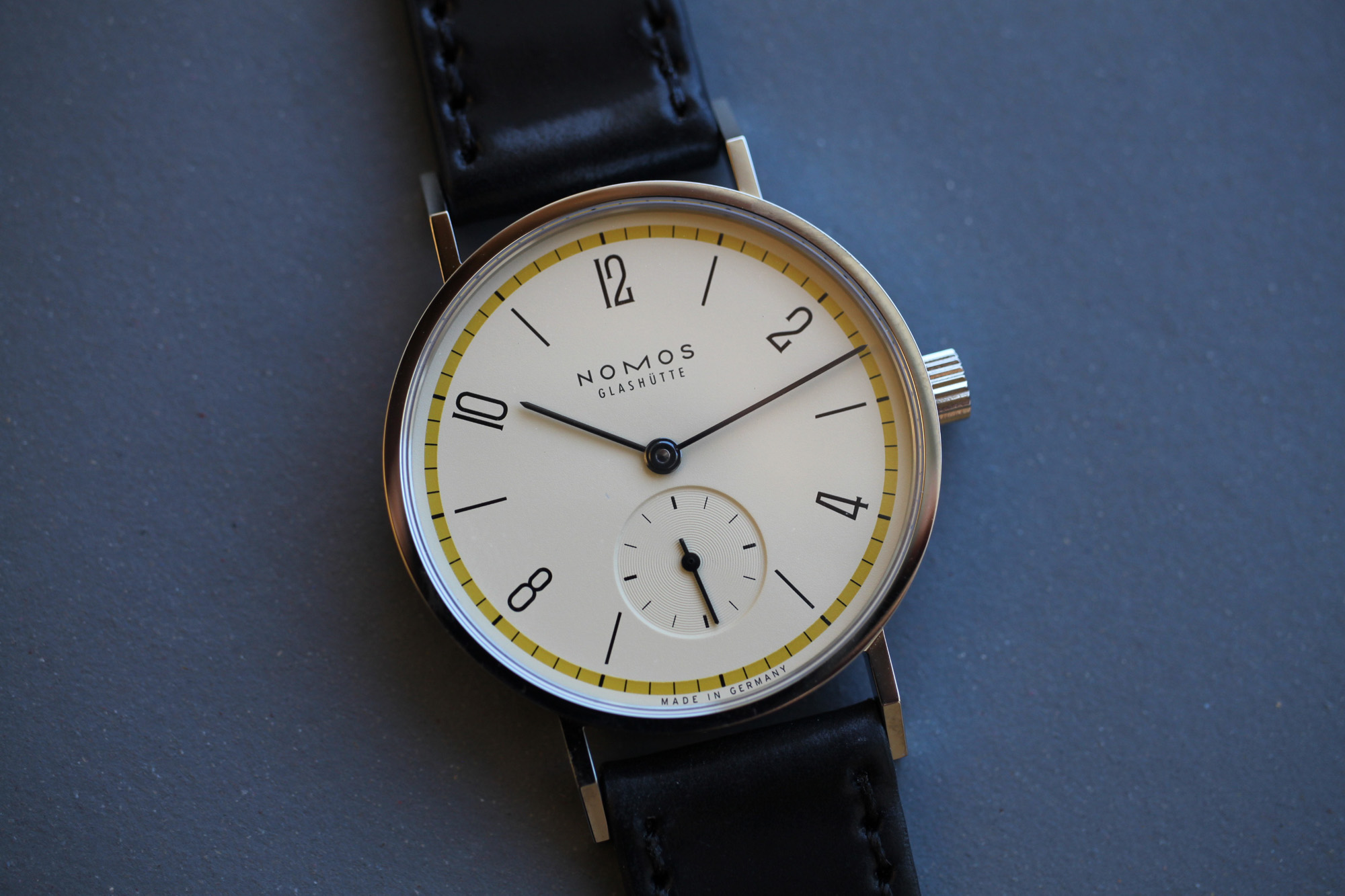 Nomos Tangente “A Century of Bauhaus” with yellow accents, 33 mm