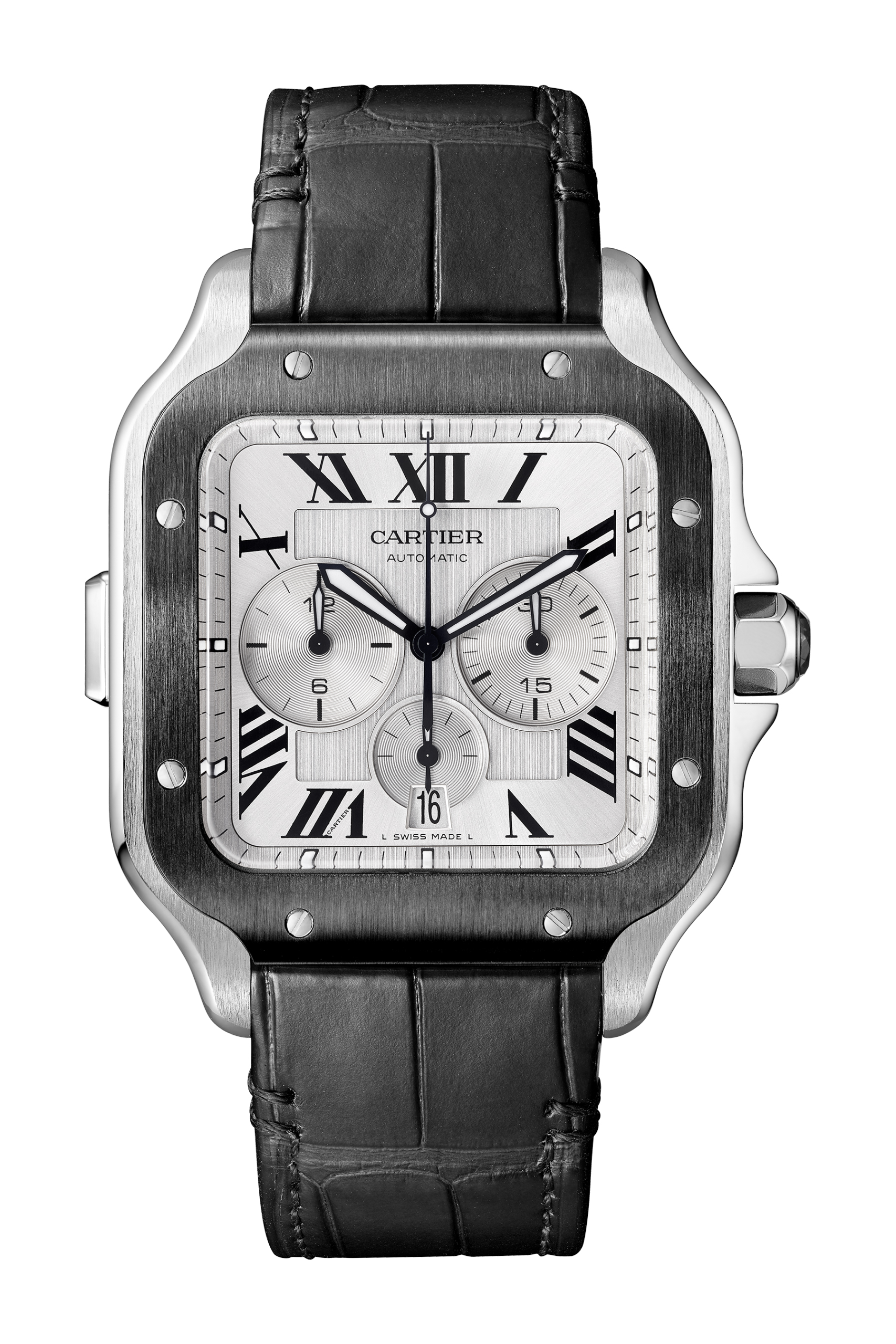 Cartier Santos de Cartier Chronograph in steel and black DLC on alligator strap