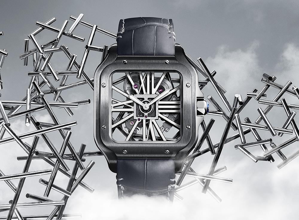 Cartier Santos de Cartier Skeleton Noctambule on gray alligator strap