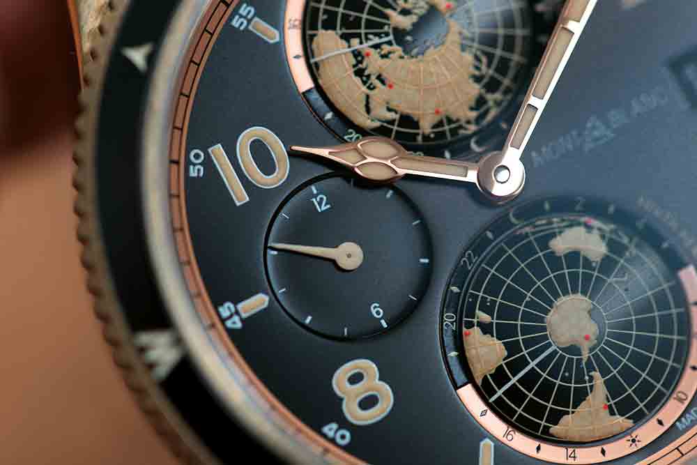 The cathedral hour and minutes hands are in rose gold are filled with Super-LumiNova.