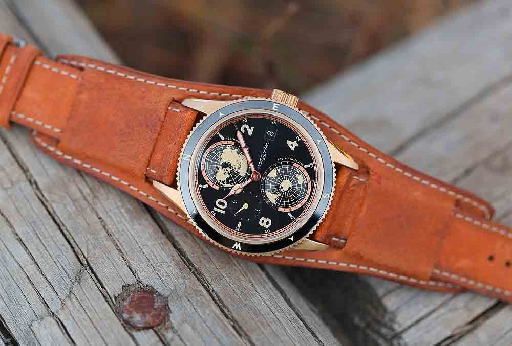 The limited edition in bronze is also available with a Bund-style leather strap; note how the bronze on this new (prototype) model does not yet have a vintage-like matte patina.