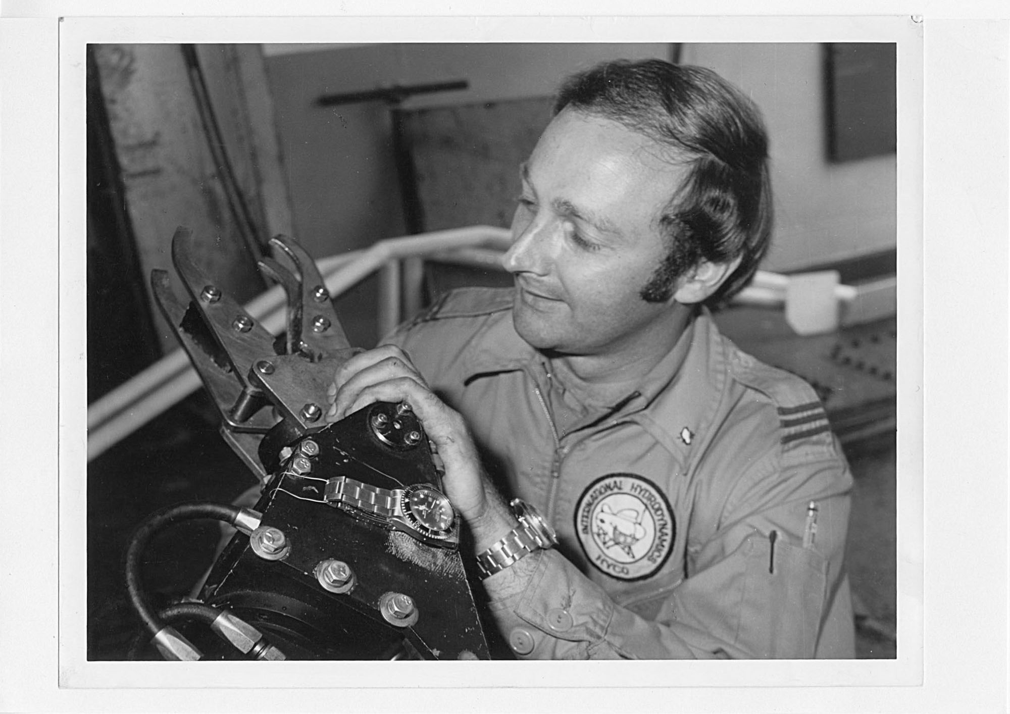 Rolex watches were attached to the exterior of HYCO submersibles, often on the articulated arm. Picture here, the launch of Pisces V in the early 1970s.