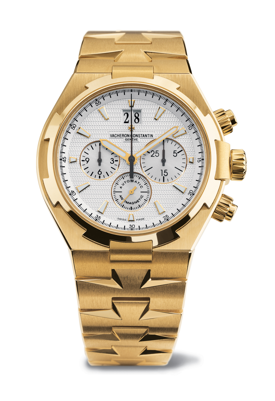 Overseas Phase 2 (Chronograph version pictured above) extended the Maltese cross motif to the bracelet.