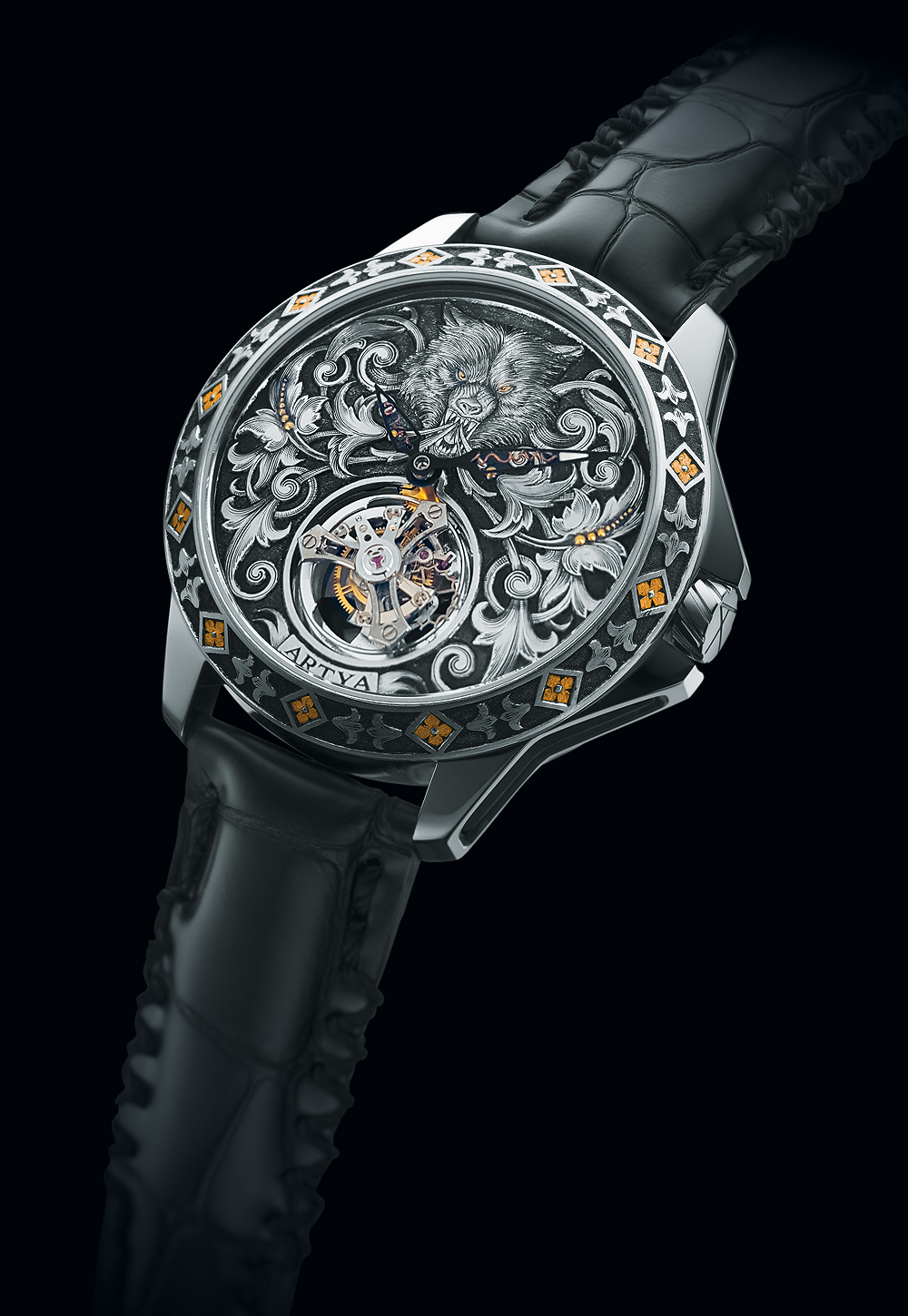 ArtyA: The Wolf Tourbillon 1/1 is one-of- a-kind with a steel case, gold inlays and an exclusive ArtyA hand- wind movement with flying tourbillon.INR 1.31 crore (approx.)
