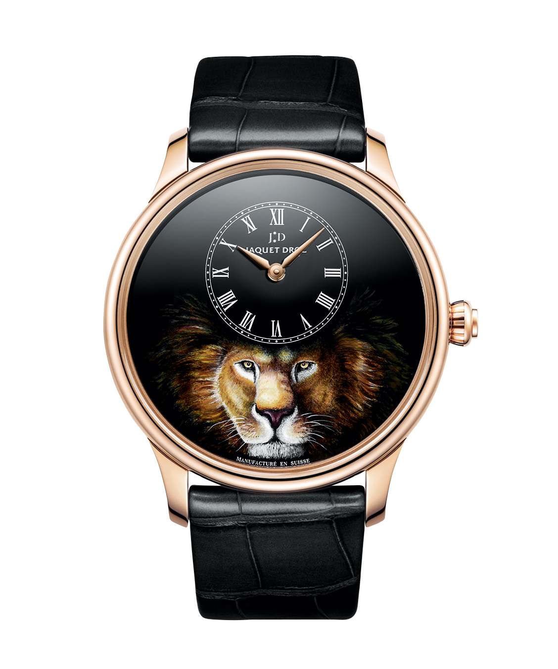 Jaquet Droz: The Petite Heure Minute Lion in rose gold features a painted lion gazing out from the dial. Automatic movement 2653.P. INR 23.59 lakh (approx.)