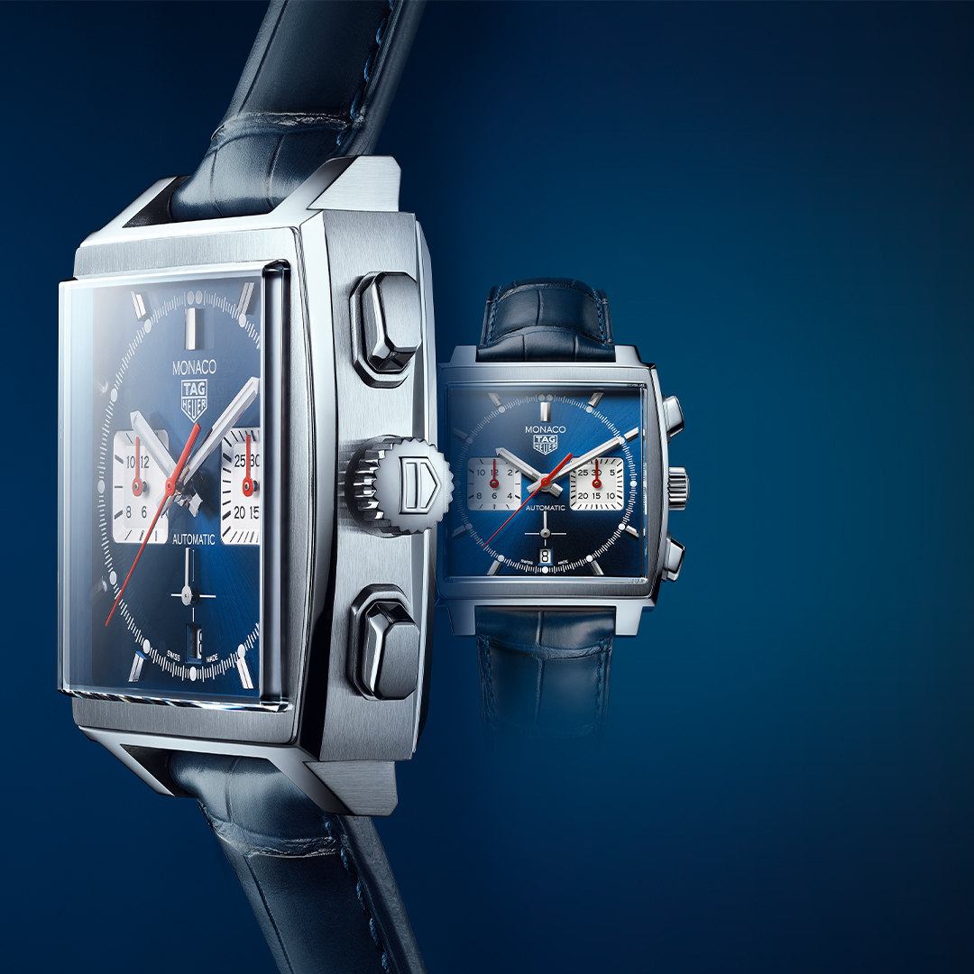 The Monaco case is impressive with its longitudinally curved sapphire crystal, protected pushers with faceted edges.