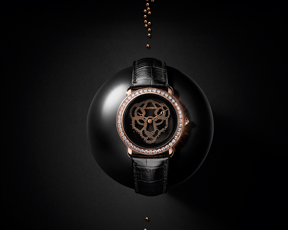 Cartier: The Révélation contains tiny gold beads that come together to form a panther’s face. Rose gold with diamonds. Hand-wound Caliber 430 MC. INR 82.07 lakh (approx.)