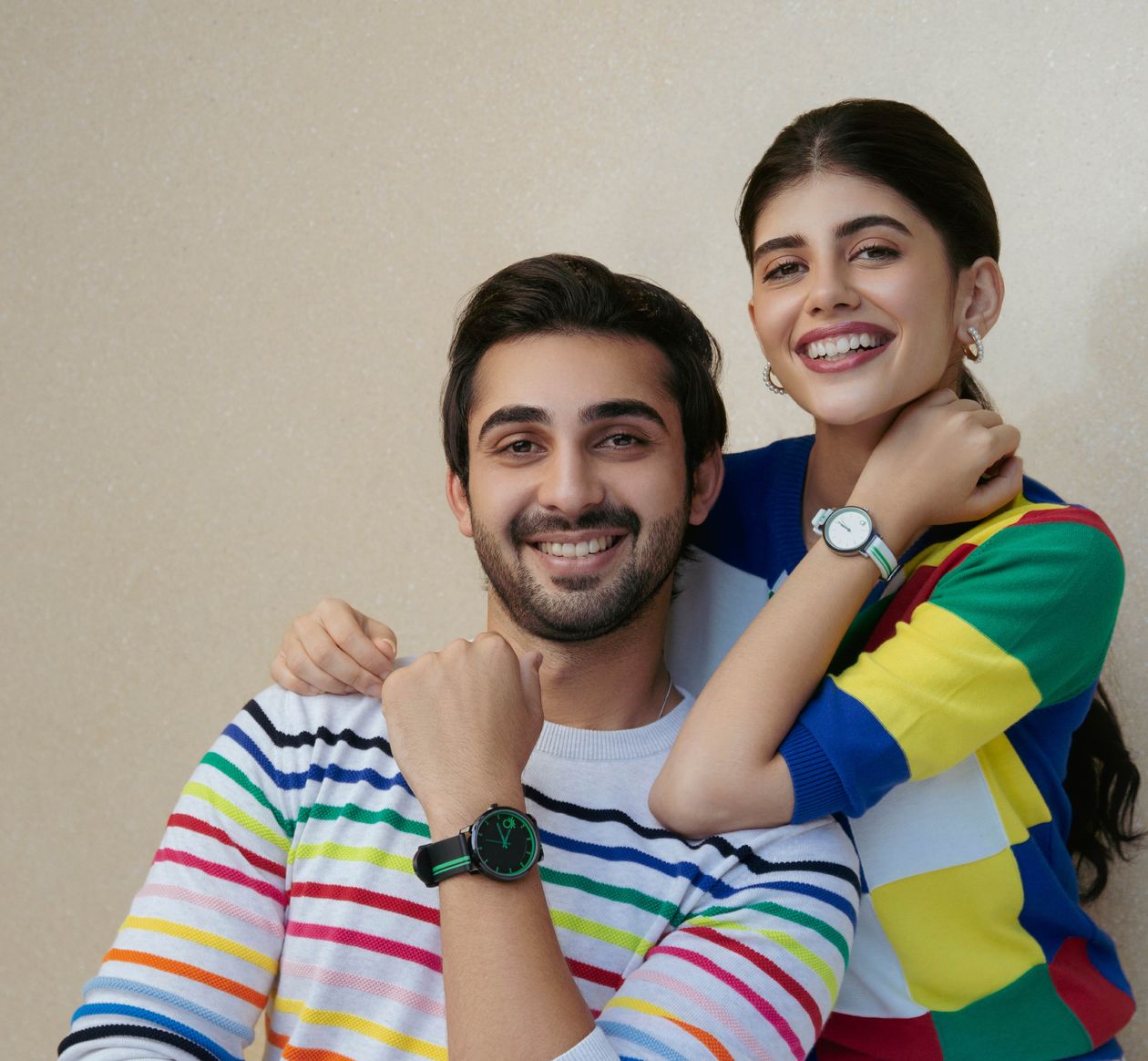 Actors Sanjana Sanghi and Abhishek Verma wearing Benetton Timewear.jpg