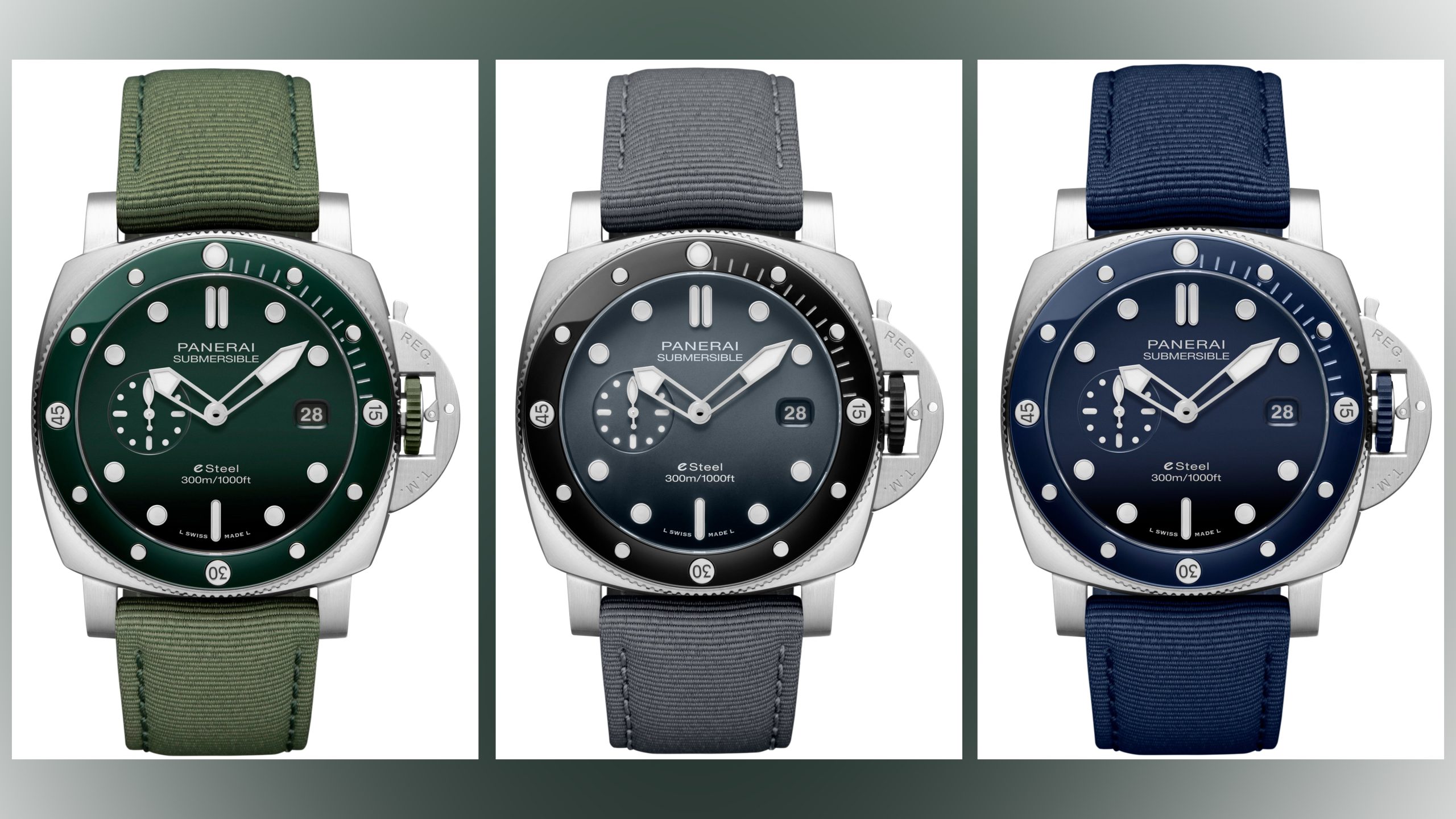 Panerai Submersible QuarantaQuattro eSteel™ Verde Smeraldo PAM01287 (left), Grigio Roccia PAM01288 (centre), Blu Profondo PAM01289
