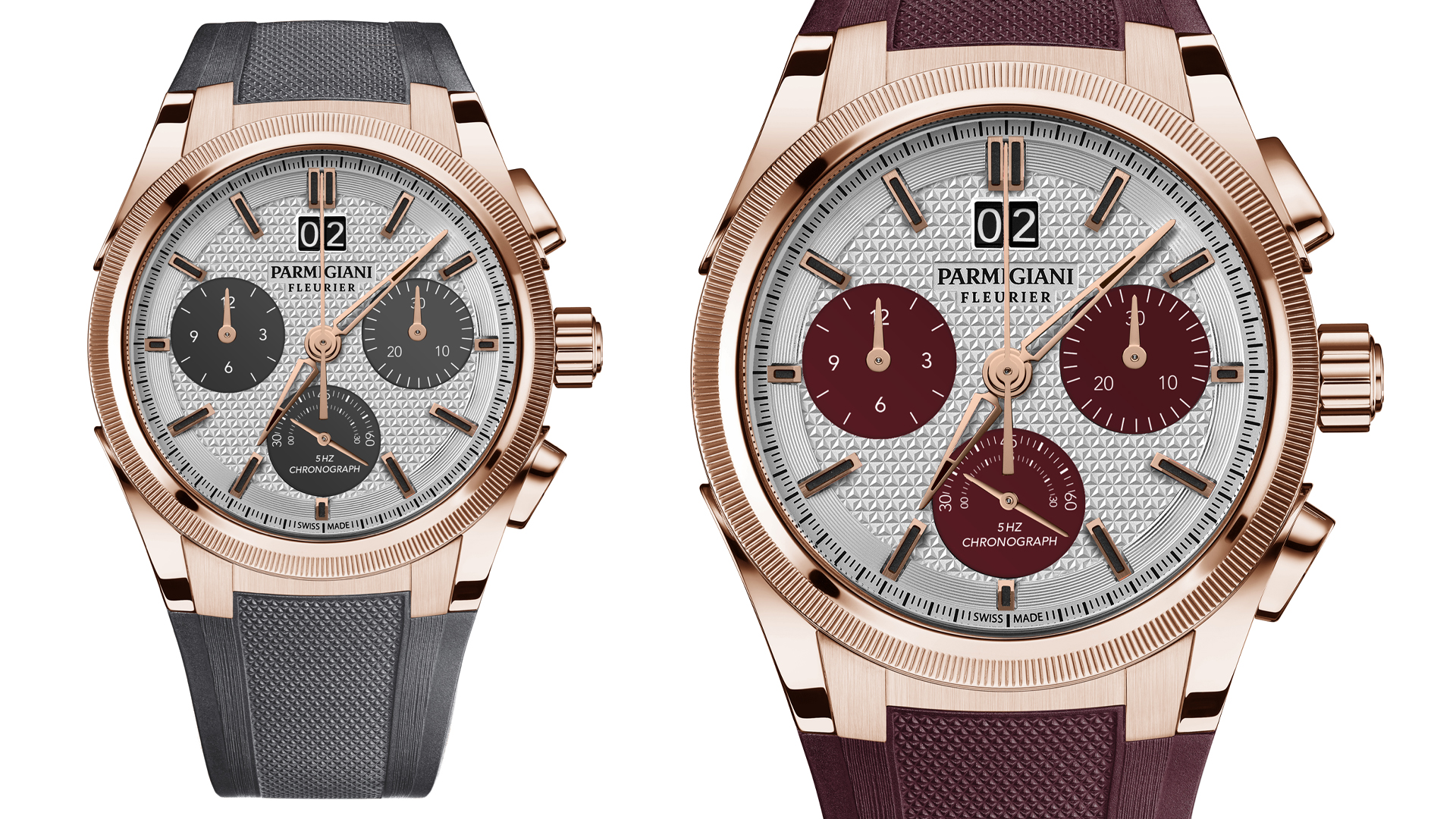 Parmigiani Fleurier Tonda GT Chronograph Rose Gold Ref PFC903- 2020001-400181 with Silver and Quantum Grey Dial (left) and Ref. PFC903- 2020002-400181 with Silver and Granata Dial
