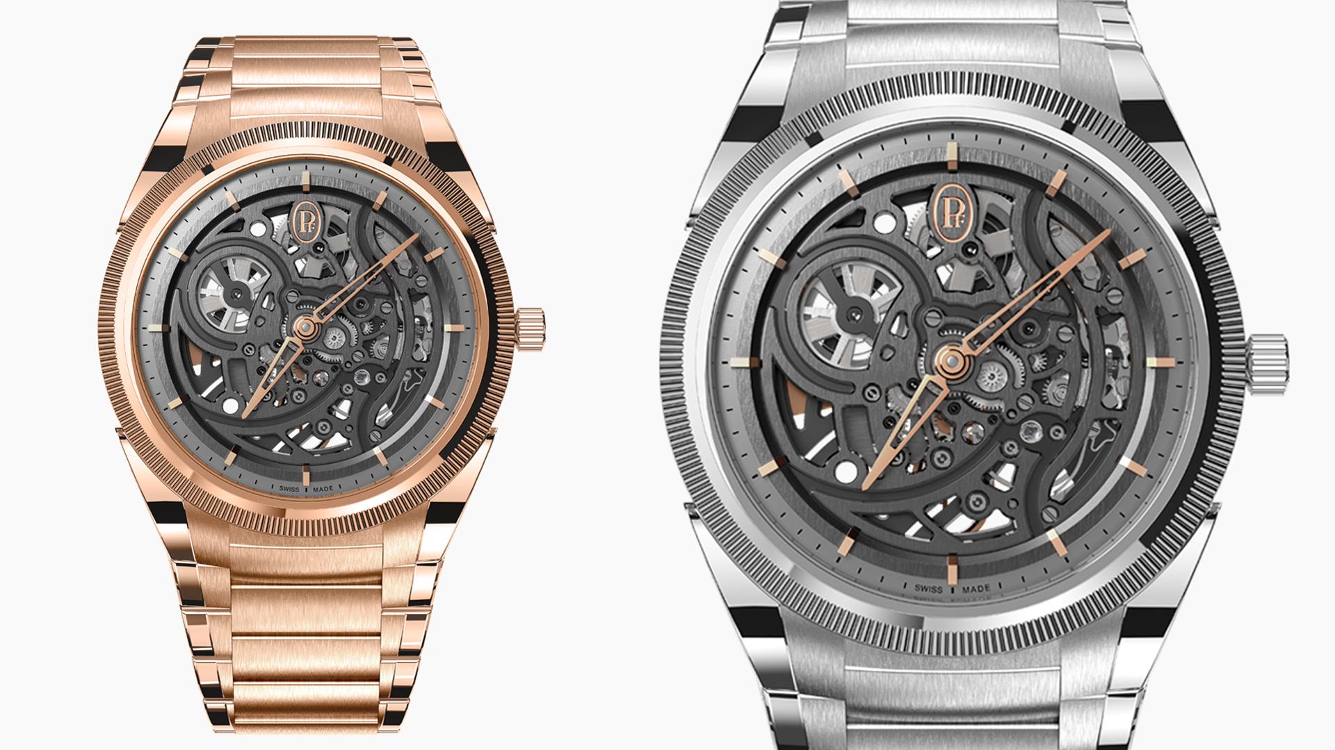 Parmigiani Fleurier Tonda PF Skeleton Ref. PFC912-2020001-200182 (left) and Ref. PFC912-1020001-100182