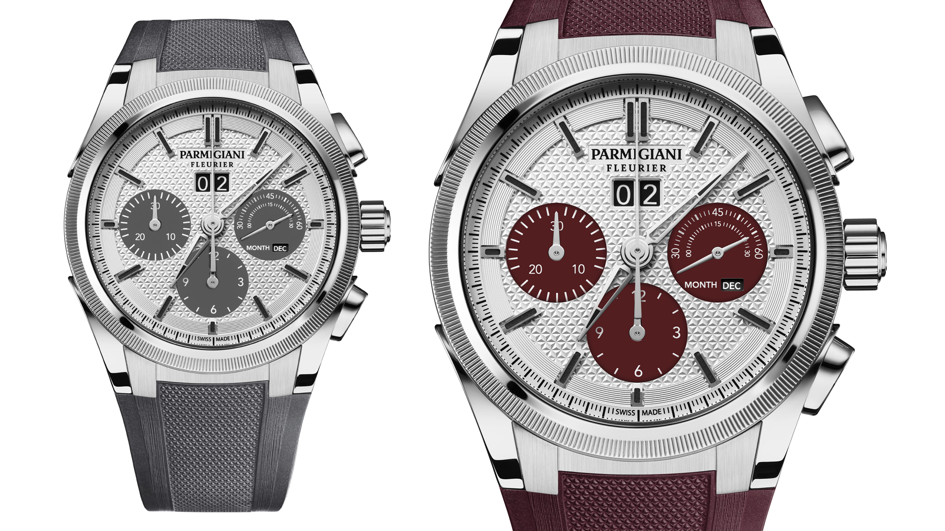 Parmigiani Fleurier Tonda GT Chronograph Stainless Steel Ref. PFC906-1020001-400181 with Silver and Quantum Grey Dial (left) and Ref. PFC906-1020002-400181 with Silver and Granata Dial
