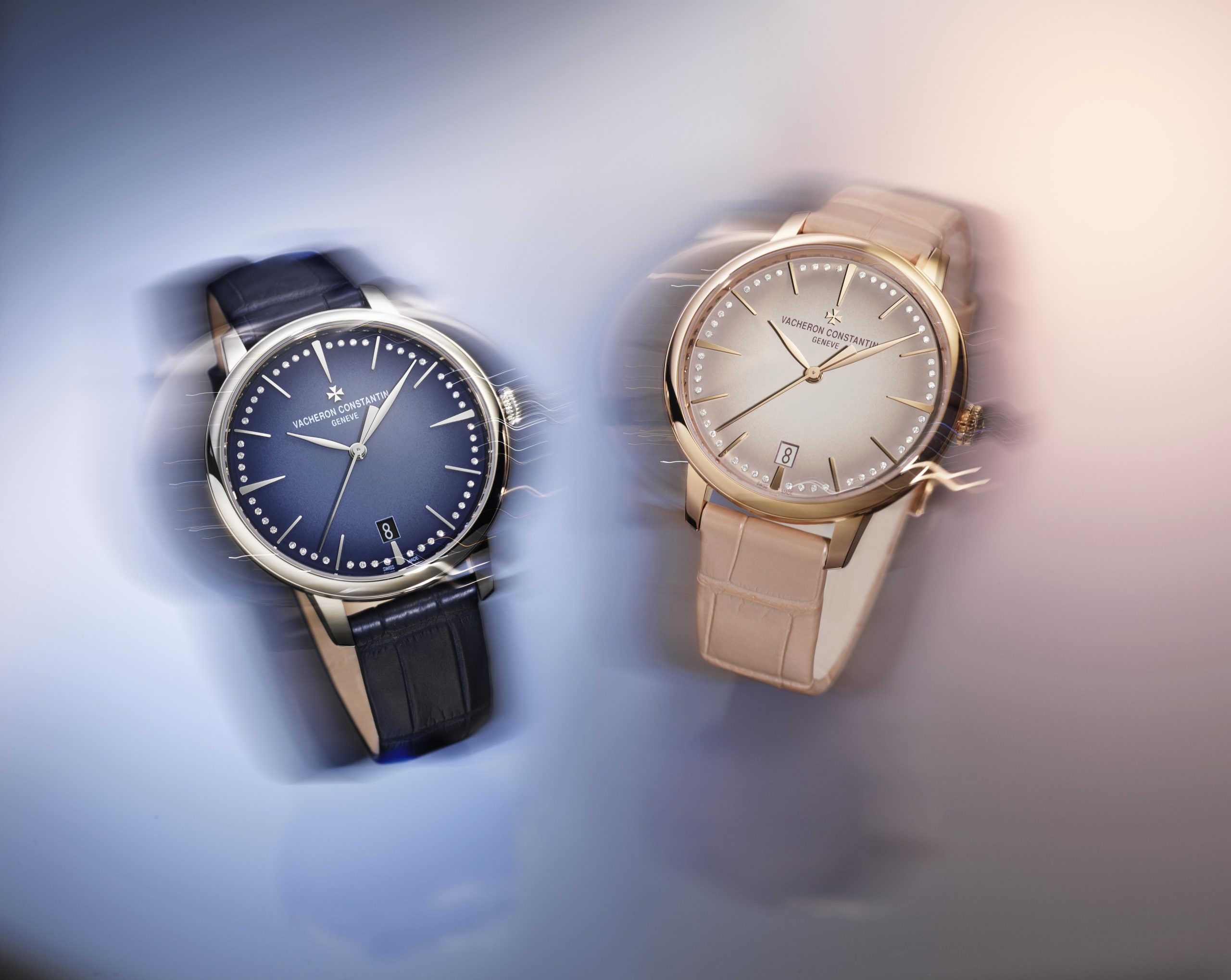 The new Patrimony Self-winding timepieces in 18K white gold (left) and 18K 5N pink gold