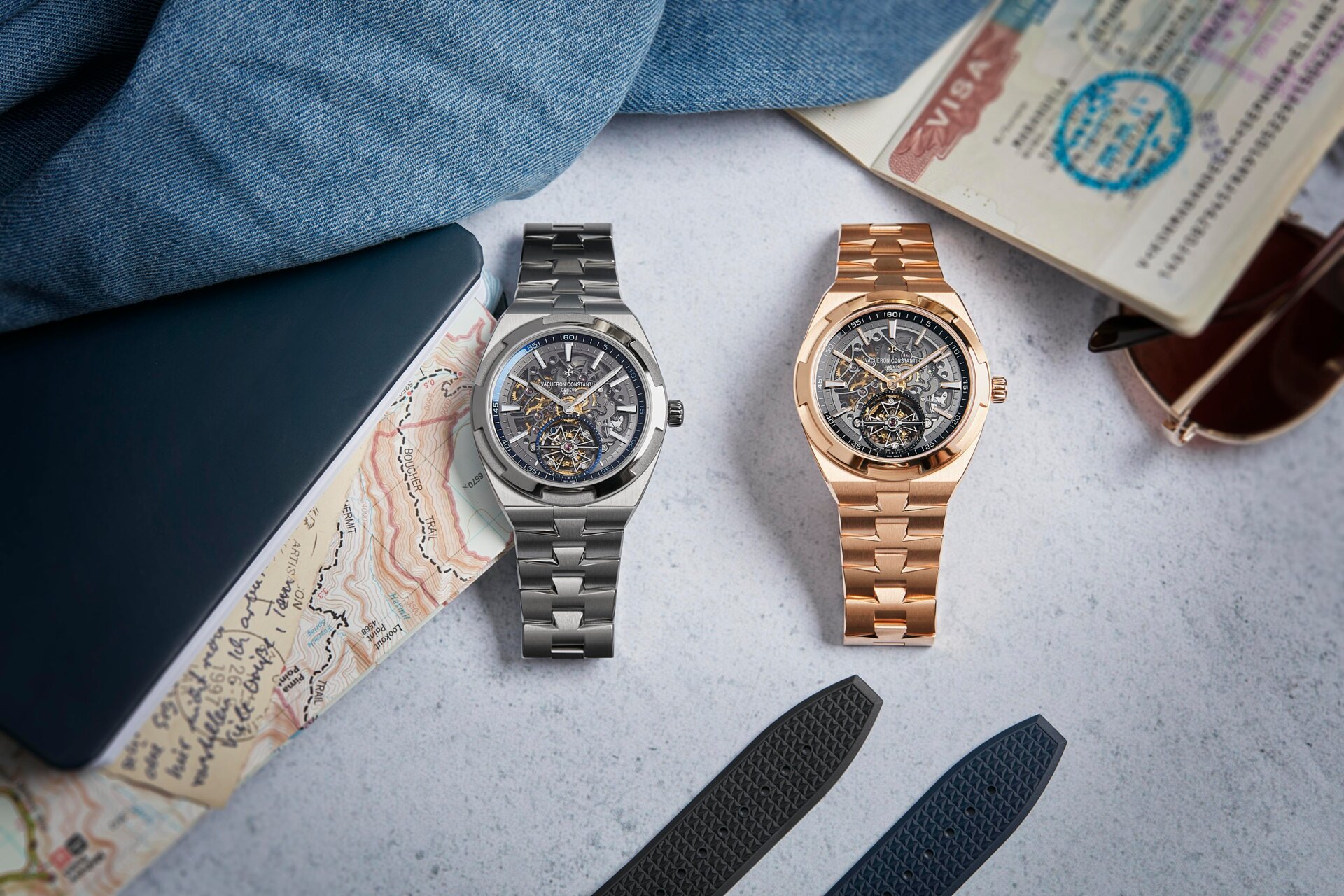 Vacheron Constantin Overseas Tourbillon Skeleton in titanium (left) and pink gold