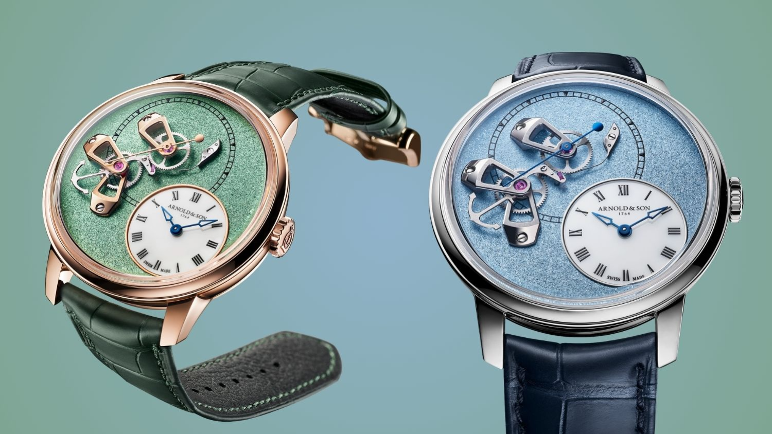 Arnold & Son is expanding the DSTB 42 line with two limited edition watches – Red Gold Mint Green & Platinum Ascot Blue Editions
