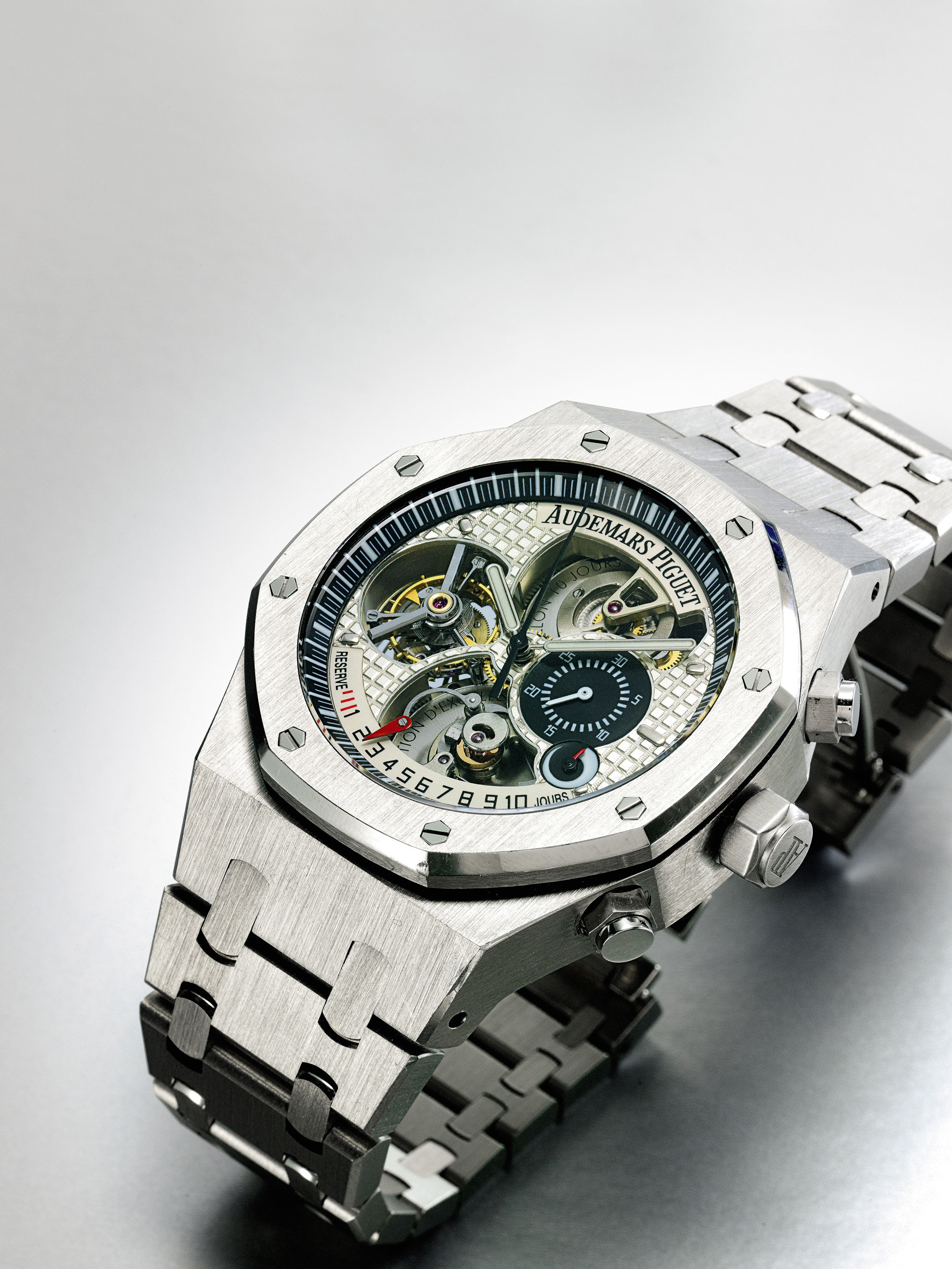 A Massive Limited Edition Platinum Tourbillon Chronograph Wristwatch With Double Power Reserve Indication And Bracelet Mvt 571231 Case E88363 Tradition D'excellence No 4 Royal Oak Offshore Circa 2004