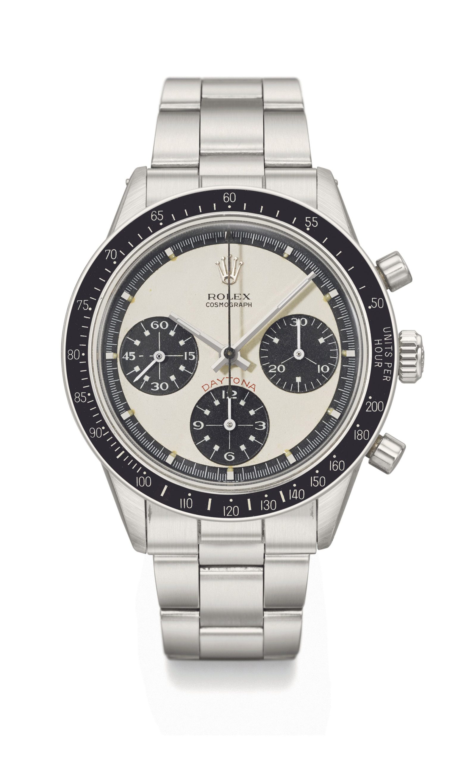 Rolex. A very fine, extremely rare and highly attractive stainless steel chronograph wristwatch with Paul Newman dial and bracelet Ref. 6264, Circa 1971 Estimate CHF 150,000 – 200,000