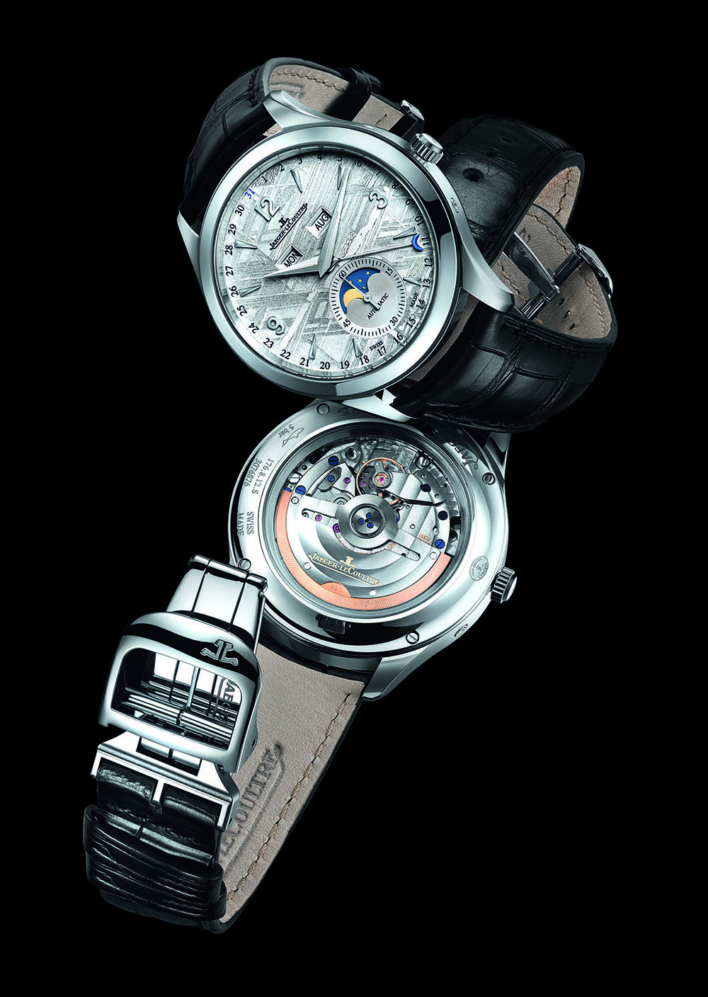 REFERENCE: 155 84 21 MOVEMENT: In-house Caliber 866, automatic, annual calendar with date, day, month and moon-phase, diameter = 26 mm, height = 5.7 mm, 28,800 vph, 32 jewels, 40-hour power reserve CASE: Stainless steel, diameter = 39 mm, height = 10.6 mm, curved sapphire crystal with non-reflective coating on the inside, sapphire caseback secured with four screws, water-resistant to 50 meters STRAP AND CLASP: Alligator strap with stainless-steel folding clasp VARIATIONS: Rose gold