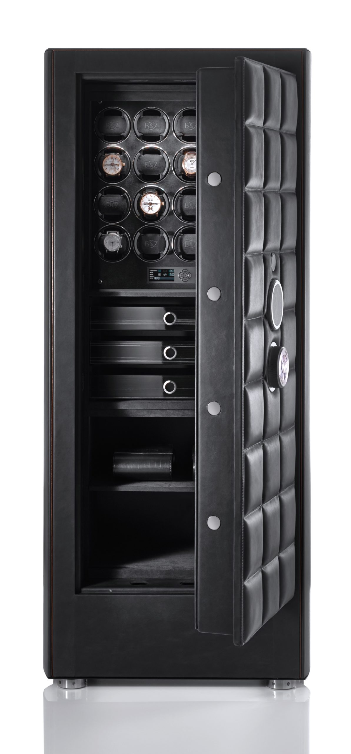A particular eye-catcher in the Orion safe collection is the copper coloured seams that highlight the different levels formed by the cushiony layout of the leather over the safes surface. Together with the stainless steel top cover decorated with leather inserts and BUBEN&ZORWEG initials, these fine details further underline the exclusive character of the Orion safe collection. But regardless of these detail full design elements, the Orion, as is usual with BUBEN&ZORWEG, is completely up to date with the most recent technical security standards. The German high security lock, which is also covered in Italian Nappa leather, protects any precious contents from unauthorised access and falls under the demanding VdS I Security class. Additionally, the optional BUBEN&ZORWEG alarm and GPS tracking system will add to the overall security of the Orion and permanently inform the owner of its location, while on the inside a whole world of possibilities unfolds, from different drawers to Time Mover® watch winders and state-of-the-art LED lighting with fading technology.