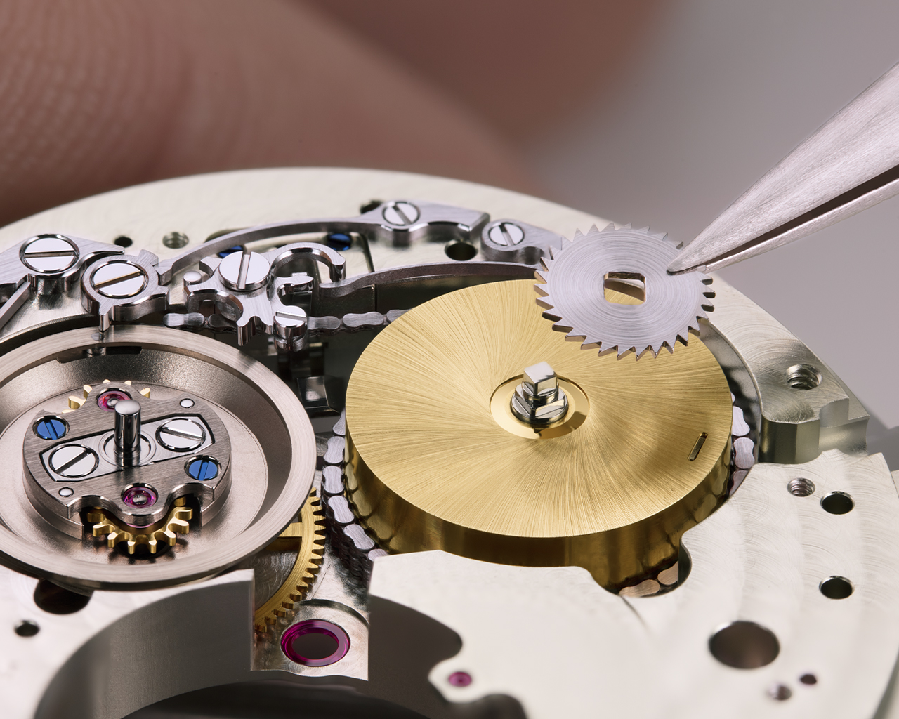 Using the ratchet wheel placed on the square barrel arbor, the watchmaker can adjust the final basic tension of the mainspring.