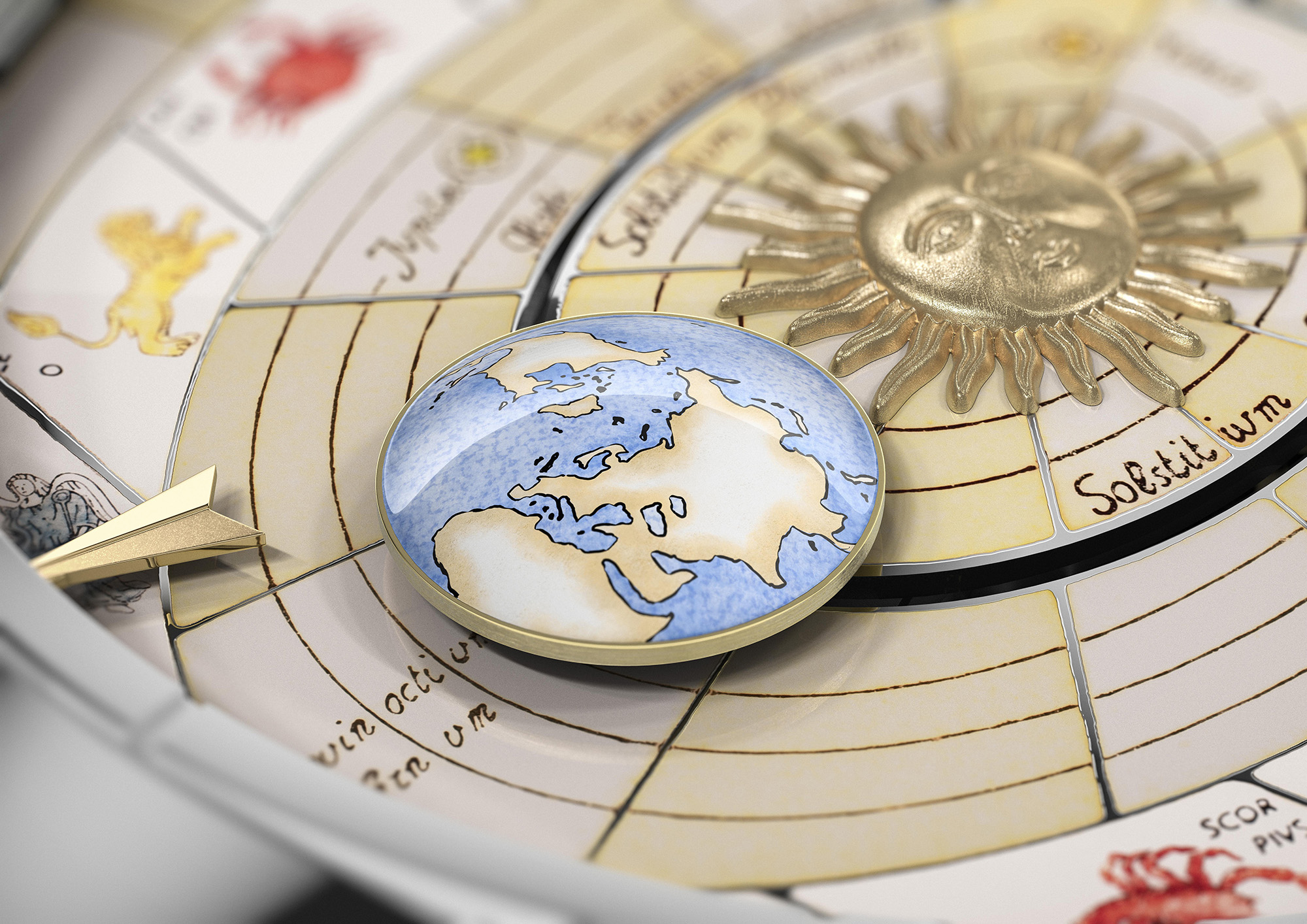 Drawing inspiration from the astronomical map of the Copernicus system, Vacheron used the enameling technique on the Earth, revealing the oceans and the geography of the continents.