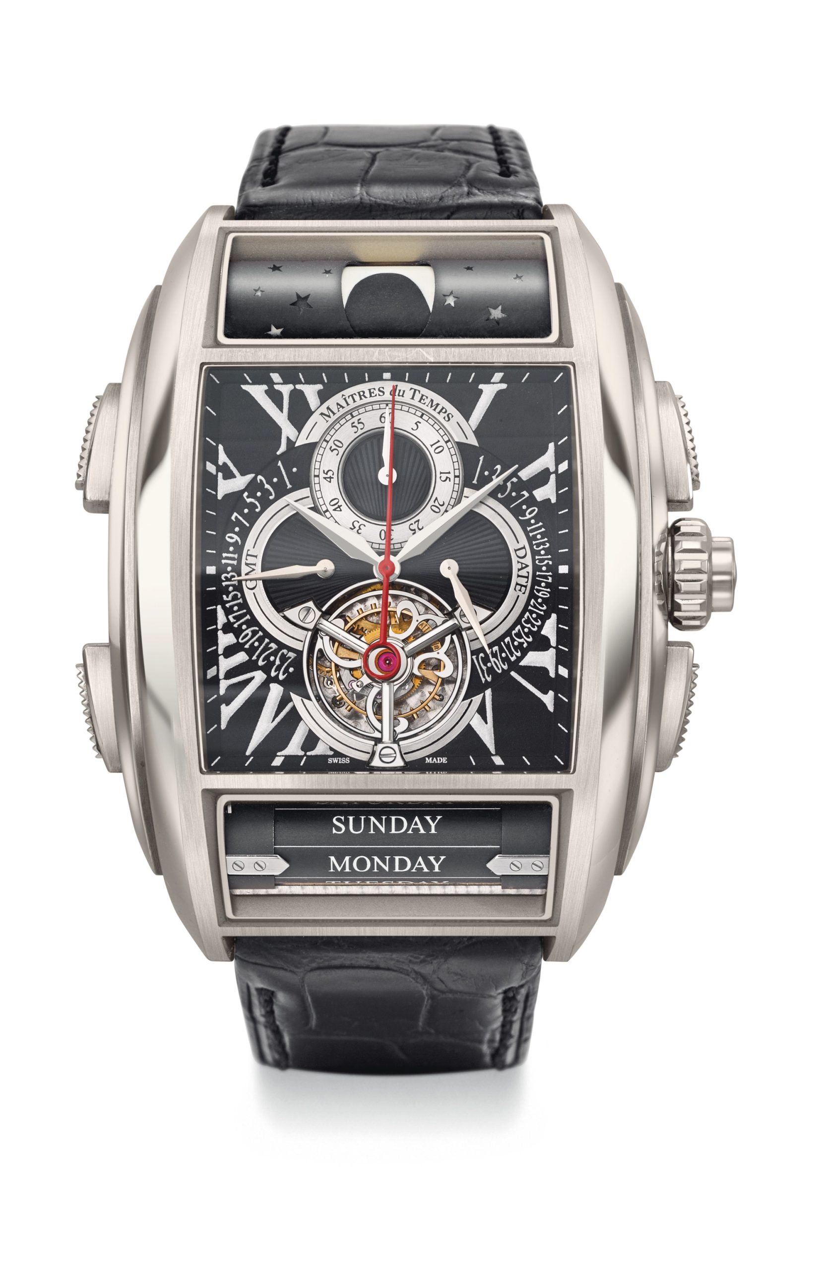 A world-first combination of complications, this is the only wristwatch to feature a tourbillon with single button chronograph, retrograde date and retrograde GMT and rolling days of the week and moon phase displays. This is the first of eleven limited editions and is designed by Christophe Claret and Peter Speake-Marin.
