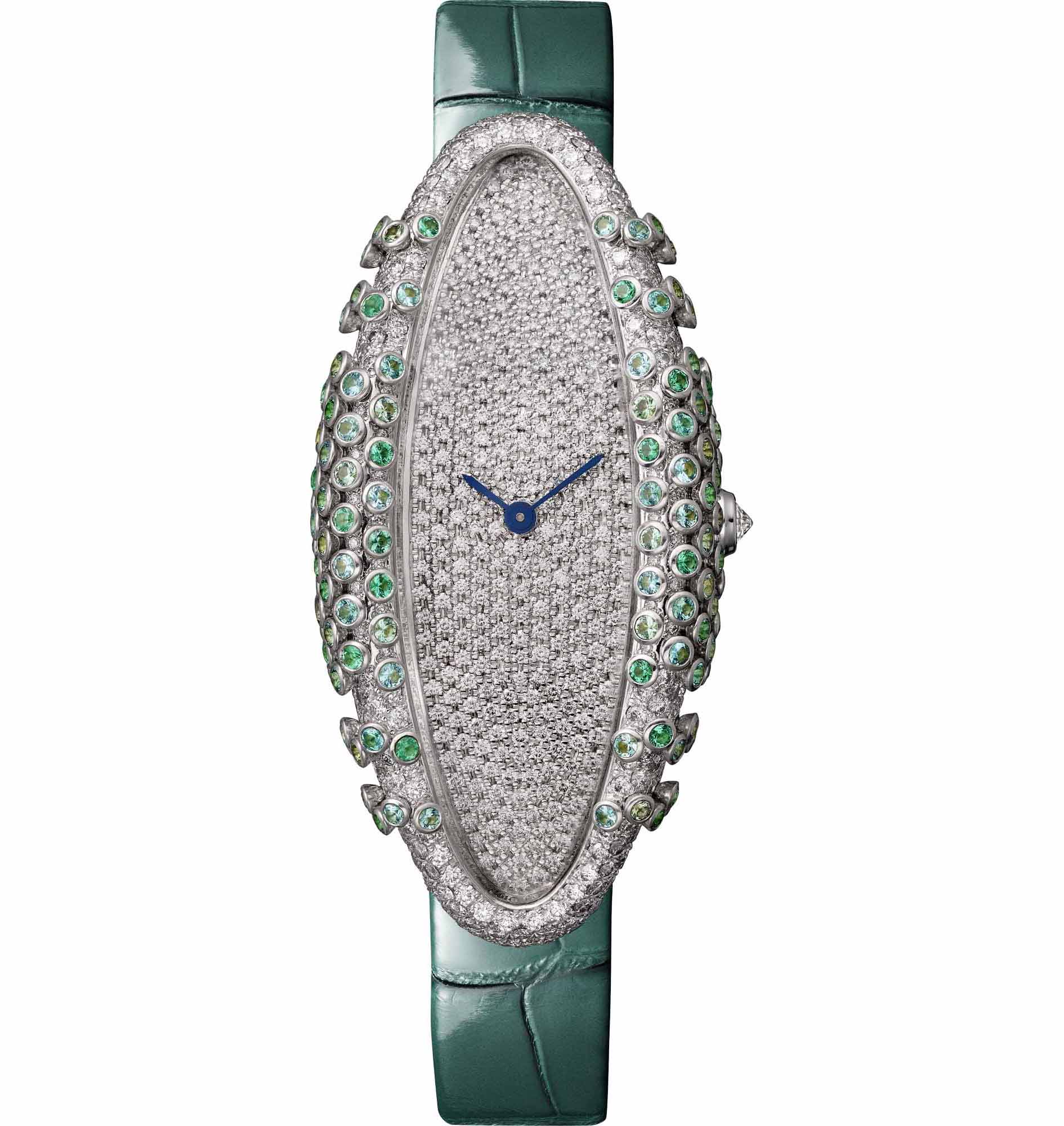 With the option of being studded with emeralds and Paraiba tourmalies, black spinels, yellow sapphires or diamonds, the 50-pieces limited edition is available in options of white and yellow gold. The dial comes paved with diamonds. 