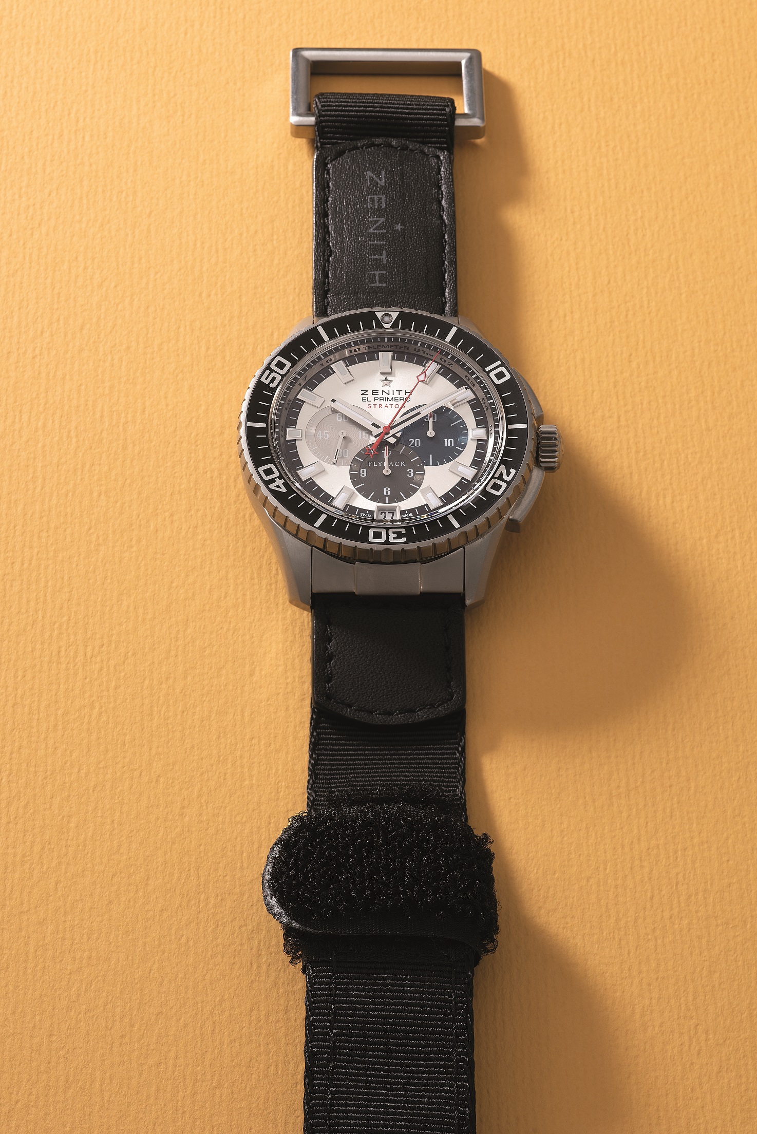The much talked-about, record-breaking skydive from space in 2012 by Felix Baumgartner also helped push the credibility of the Zenith El Primero to even further heights. Seen here is the Zenith El Primero Stratos Flyback Striking 10th prototype which was created for Felix. The stainless steel flyback chronograph  is one of the test watches which contributed to the defining moment of human history in 2012. 