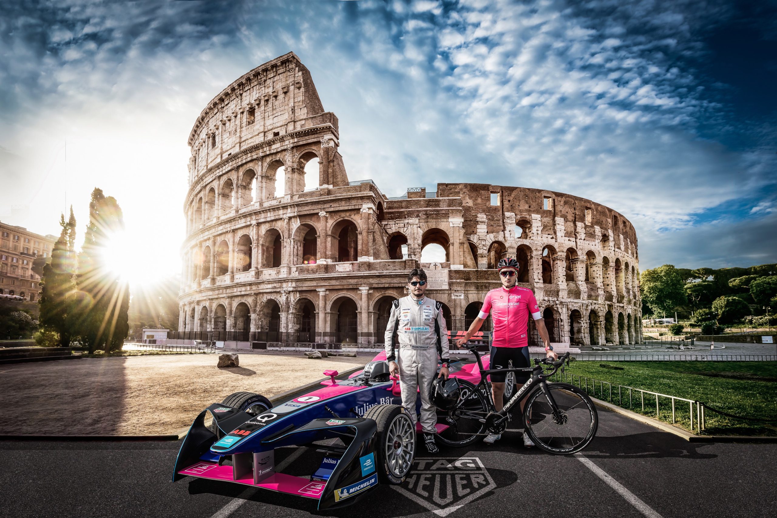 Star drivers for this cause: the former Italian F1 driver Giancarlo Fisichella vs the young Italia rising talent in cycling Gianni Moscon.