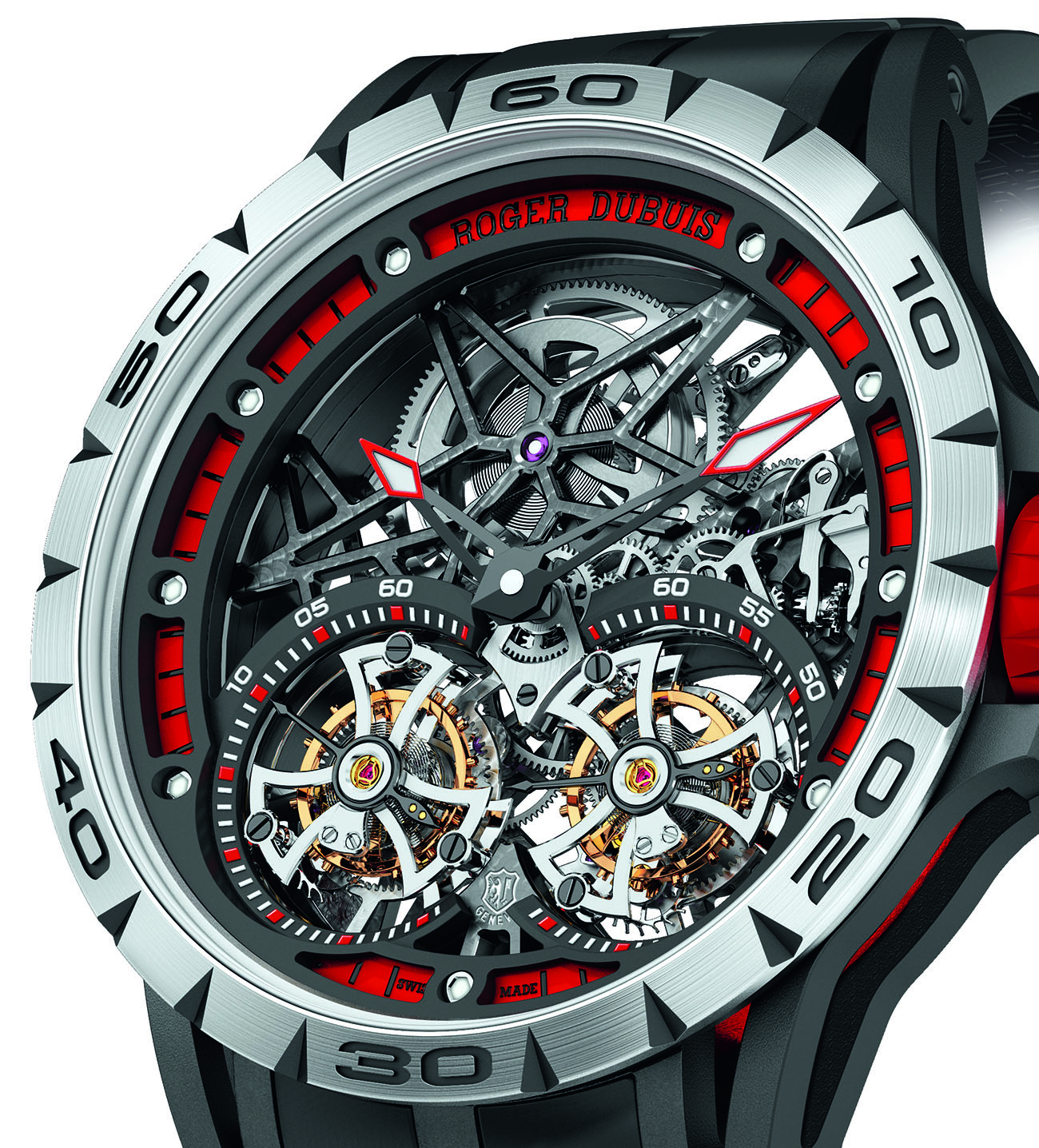 Two tourbillons in a skeletonised environment give this watch a 3-D look. According to the brand, 1,200 hours are needed to manufacture its manual-wind Caliber RD01SQ.