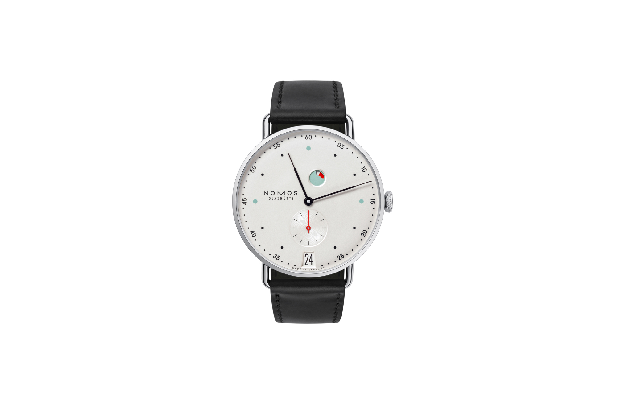 Stainless steel with a 37 mm case, the new Nomos Metro Date Power Reserve comes with a galvanised, white silver-plated dial with mint green indices at the three, nine and twelve o'clock positions. The hands are oxidised with the seconds hand featuring in red. It comes equipped with the DUW 401 in-house manual winding calibre with a 42-hour power reserve indicator as seen on the dial right below the one o'clock marker. 