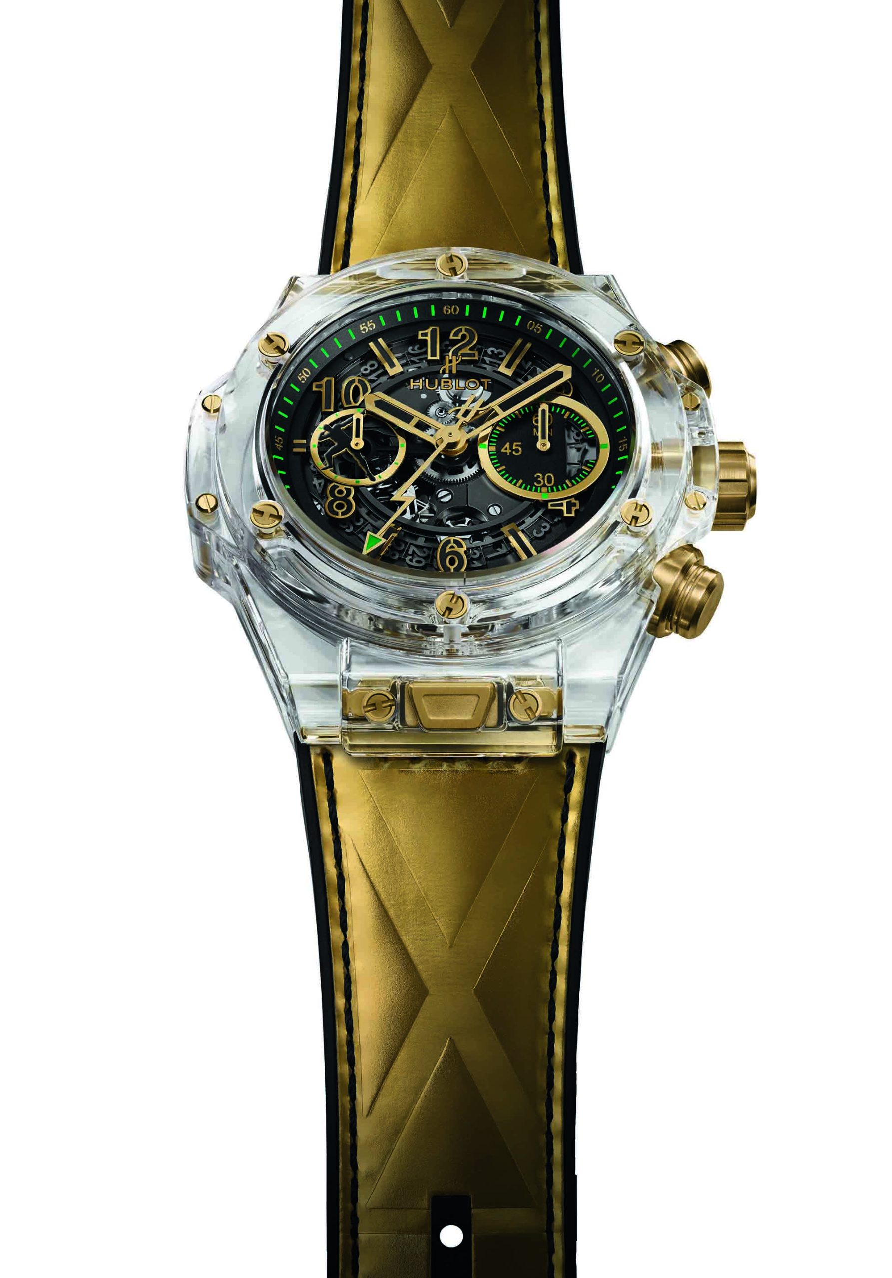 The watch is limited to eight pieces as it represents the number of Olympic medals won by Lightning Bolt. Its 45-mm diameter case is made from polished transparent sapphire, which allows you to appreciate the complexity of its construction.