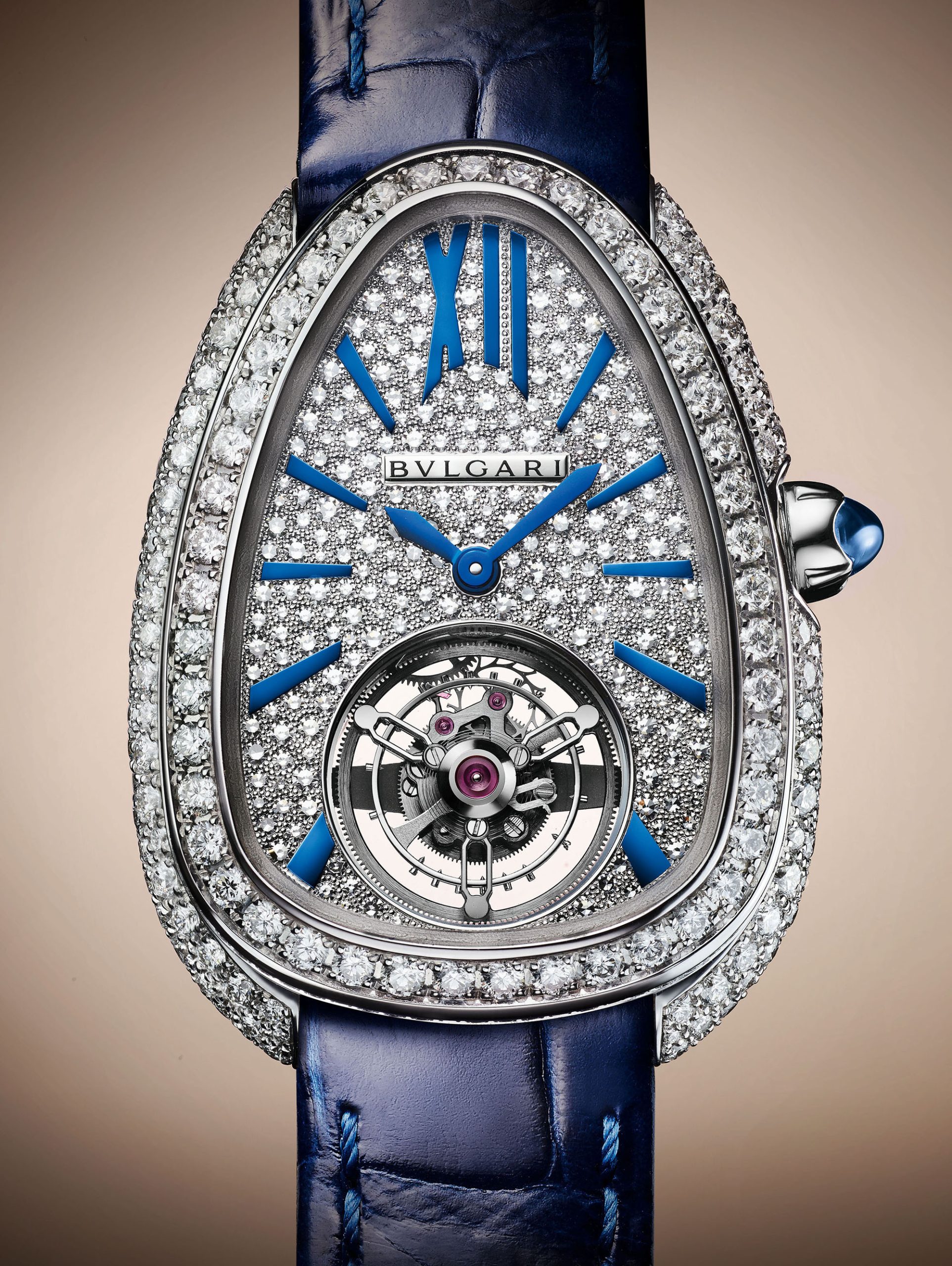 Serpenti Seduttori Tourbillon in white gold and blue alligator strap