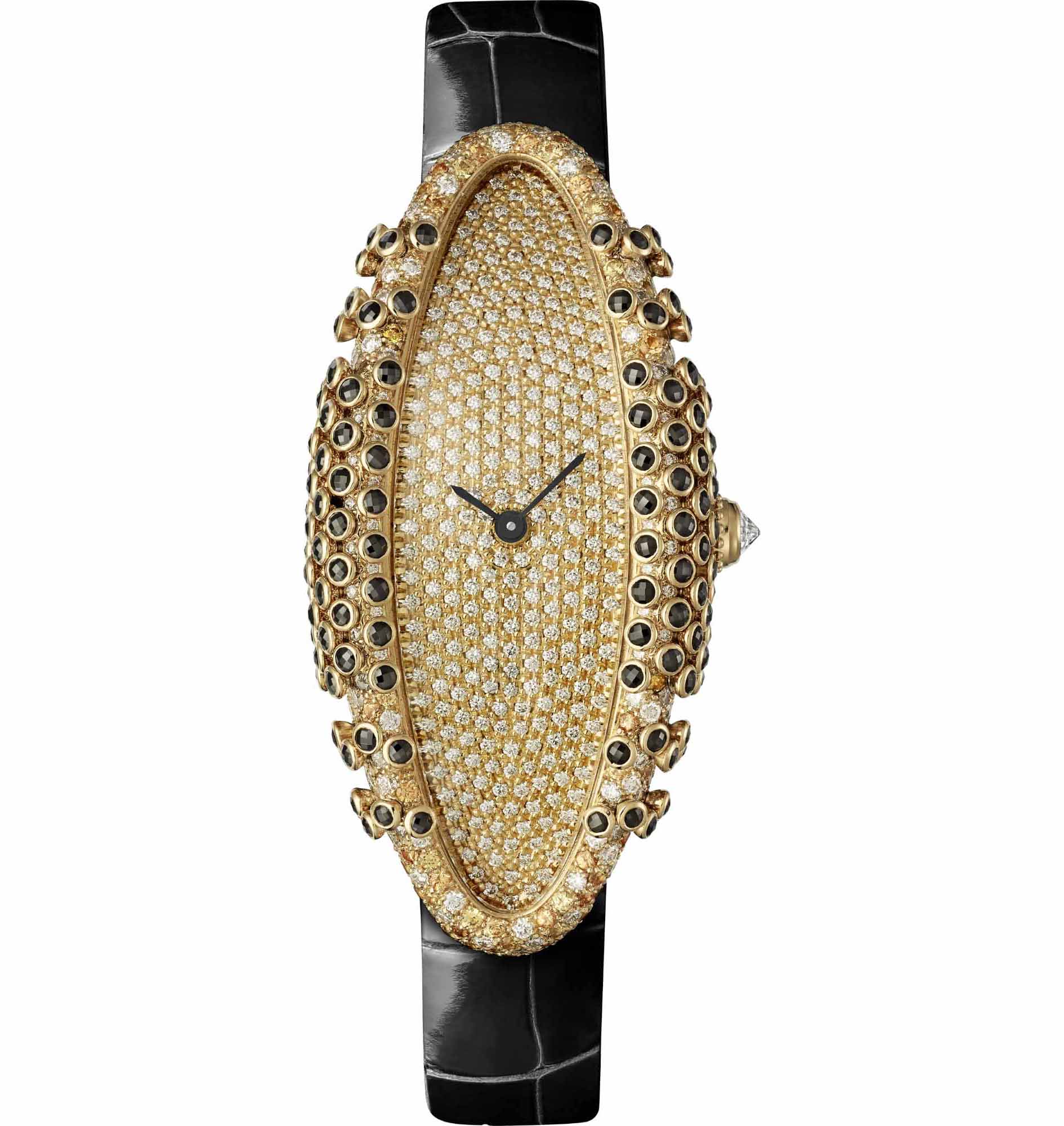 With the option of being studded with emeralds and Paraiba tourmalies, black spinels, yellow sapphires or diamonds, the 50-pieces limited edition is available in options of white and yellow gold. The dial comes paved with diamonds. 
