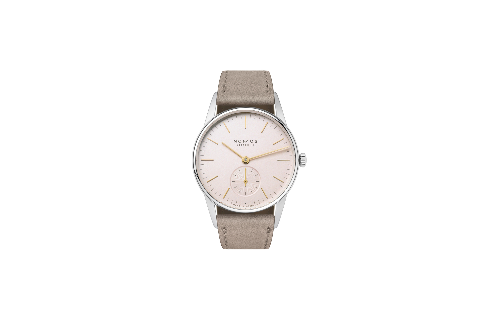 The stunning Nomos Orion Rose comes in a stainless steel case housing a galvanised, silver-plated rose dial with stamped, diamond-polished gold indices and matching gold-plated hands. The 32.8mm comes with the Alpha in-house manual-winding calibre which also includes a stop-seconds mechanism. 