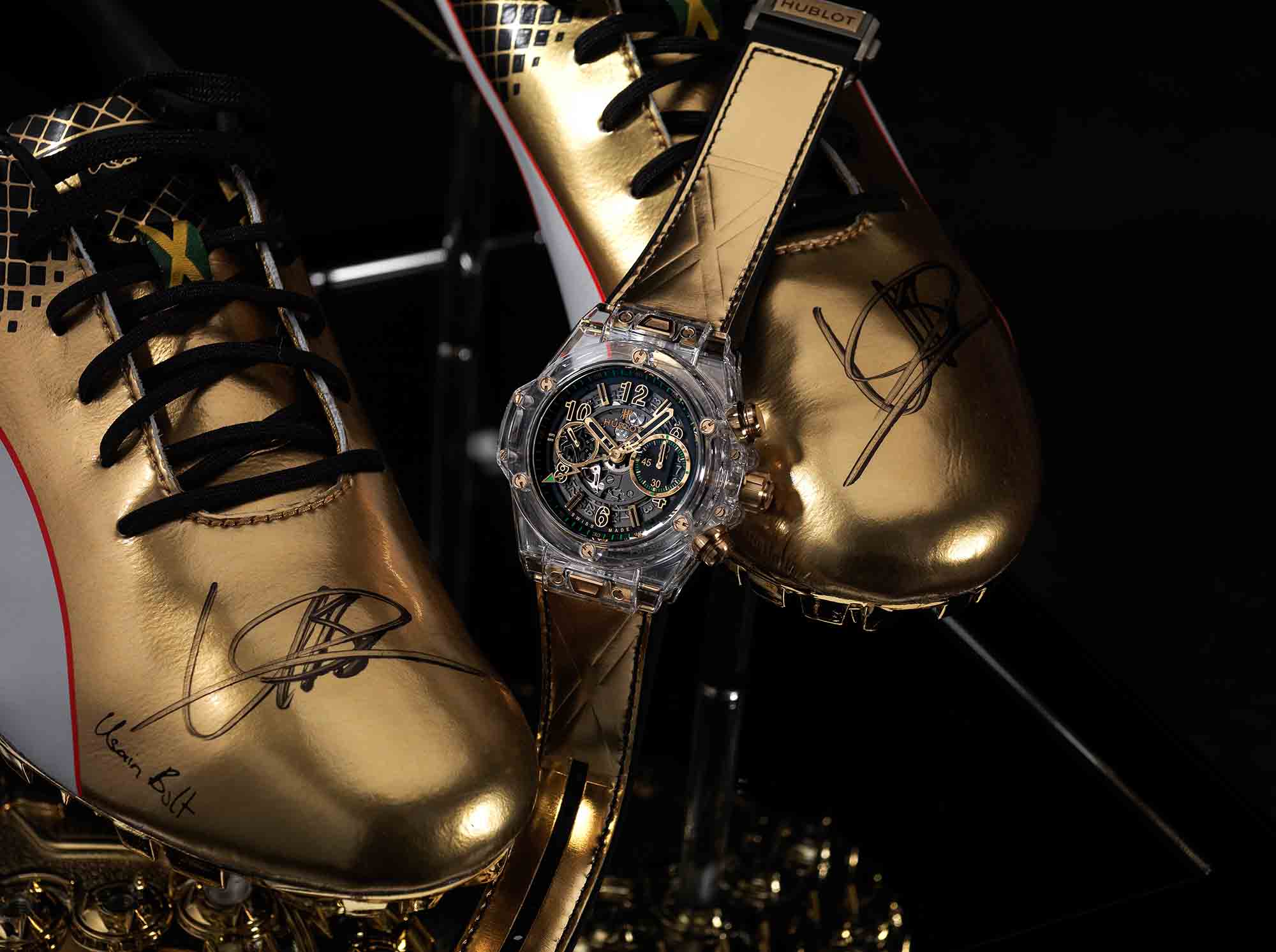 Each of these eight watches shall be delivered in a box including a pair of Puma Gold sprinting spikes, the same shoes worn by Usain Bolt during his final Olympic Games in 2016, and personally signed by the great champion.